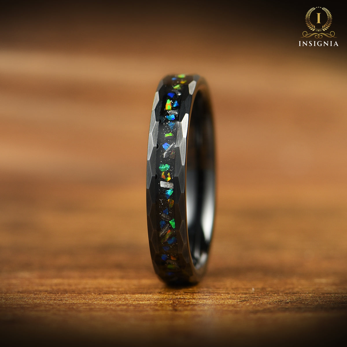 His and Hers Wedding Band Set with Black Fire Opal Tungsten Ring Straight View