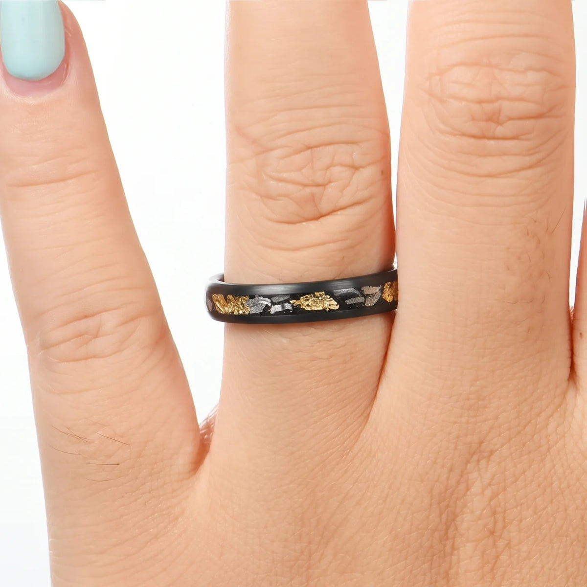 WEDDING RING SET REAL METEORITE 18K GOLD LEAF BLACK TUNGSTEN (8/4MM)