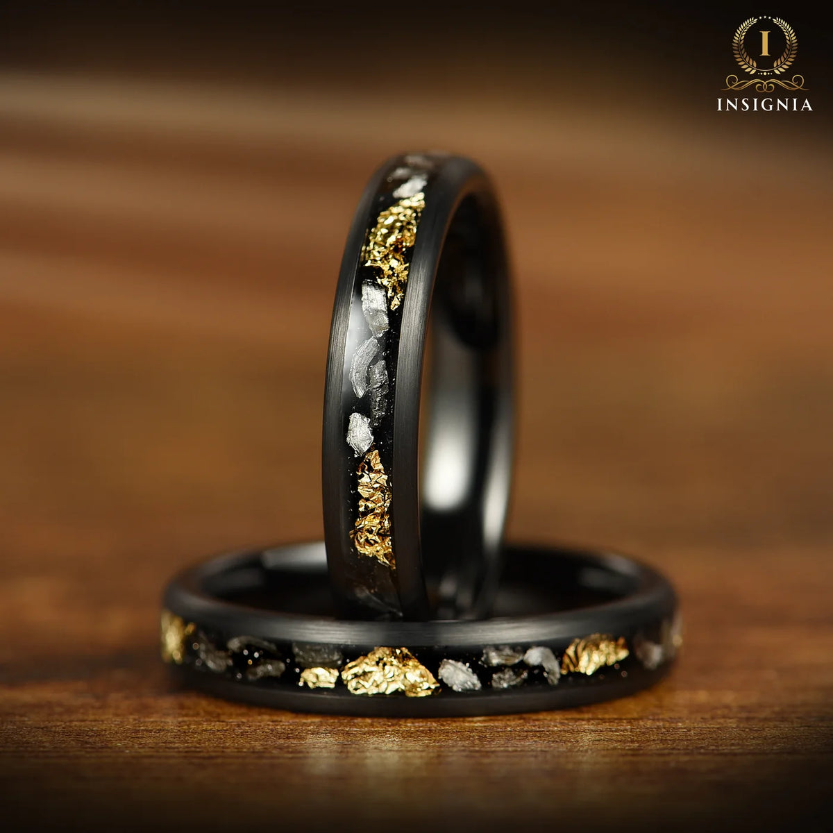 WEDDING RING SET REAL METEORITE 18K GOLD LEAF BLACK TUNGSTEN (8/4MM)