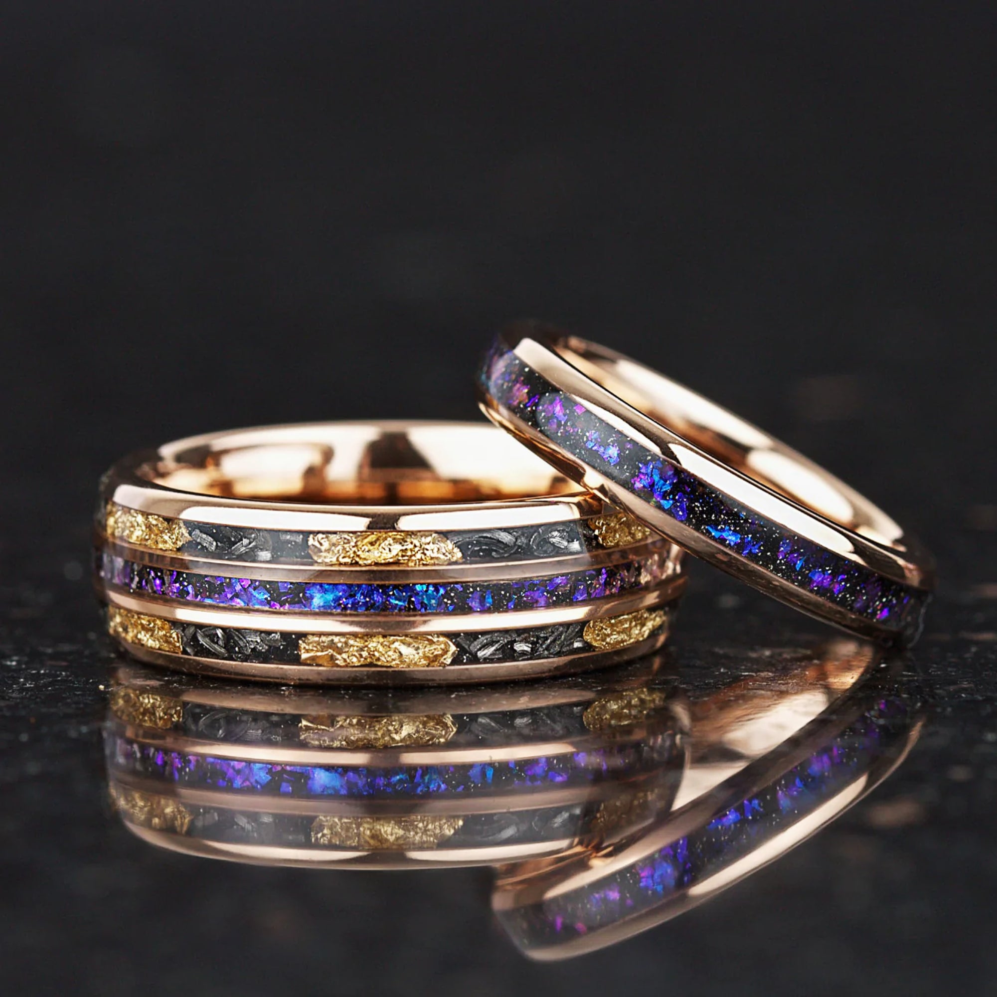 His and hers wedding sets with meteorite inlay and gold leaf matching bands