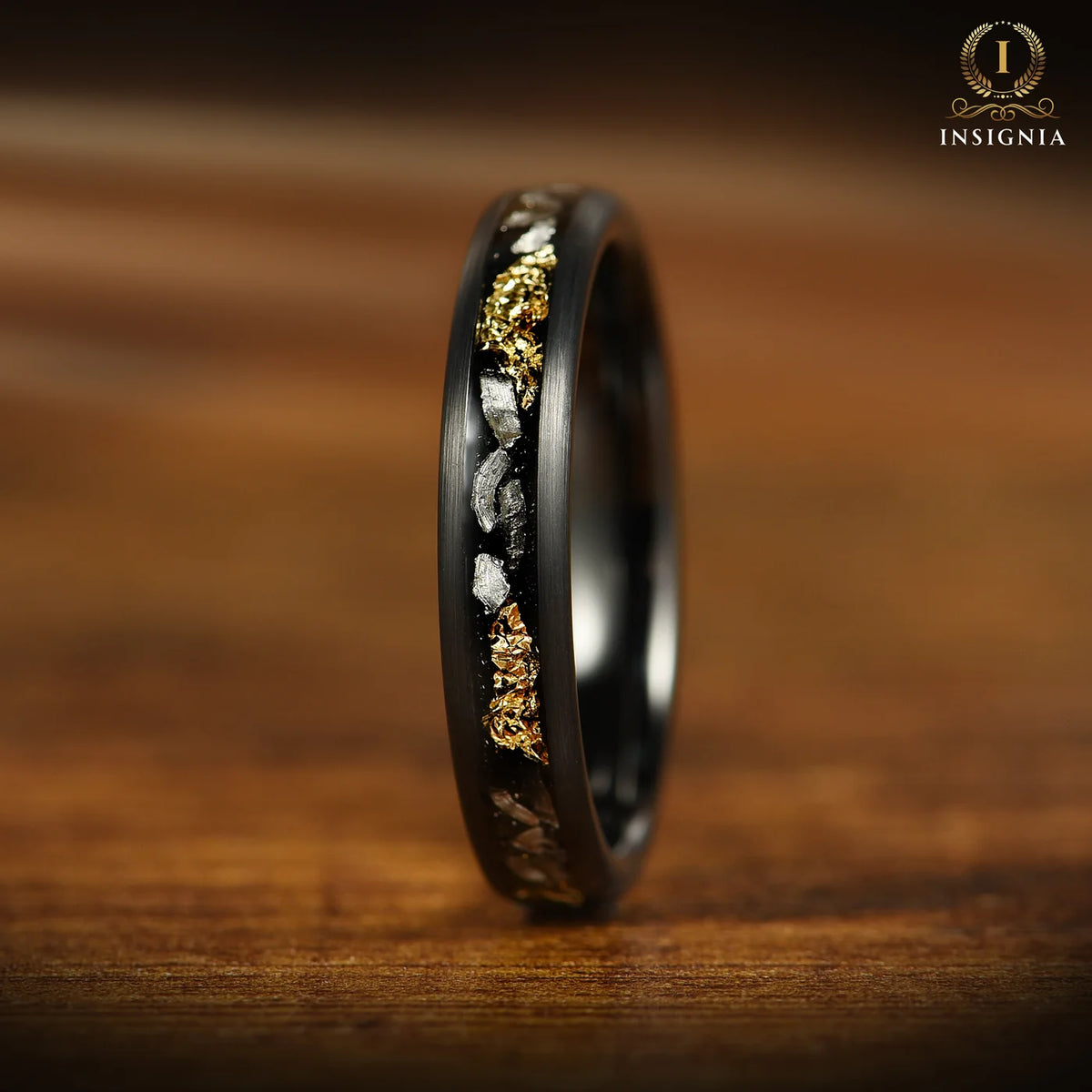 WEDDING RING SET REAL METEORITE 18K GOLD LEAF BLACK TUNGSTEN (8/4MM)