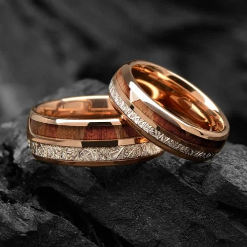 Meteorite & Koa Wood Wedding Band Set His and Hers - WoodenCouple Rings  6/8mm - Unique Promise Ring for Couples - Redwood Arrow Dome Rings - INSIGNIA