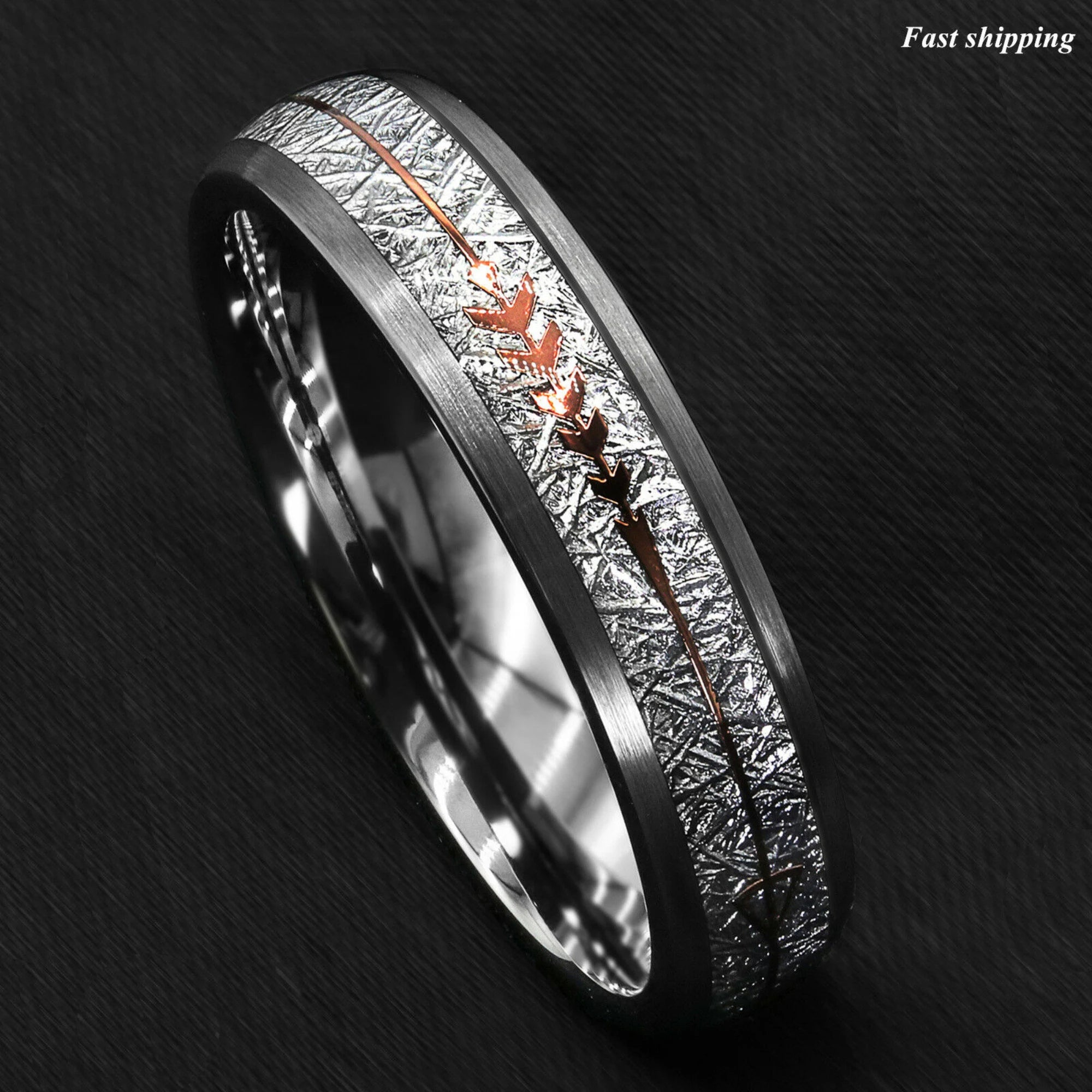 Meteorite & Tungsten Carbide Silver Ring For Women 6 mm - Simple Promise Rings for Her - Women Wedding Band / Engagement/ Promise Ring - Custom Engraved - INSIGNIA