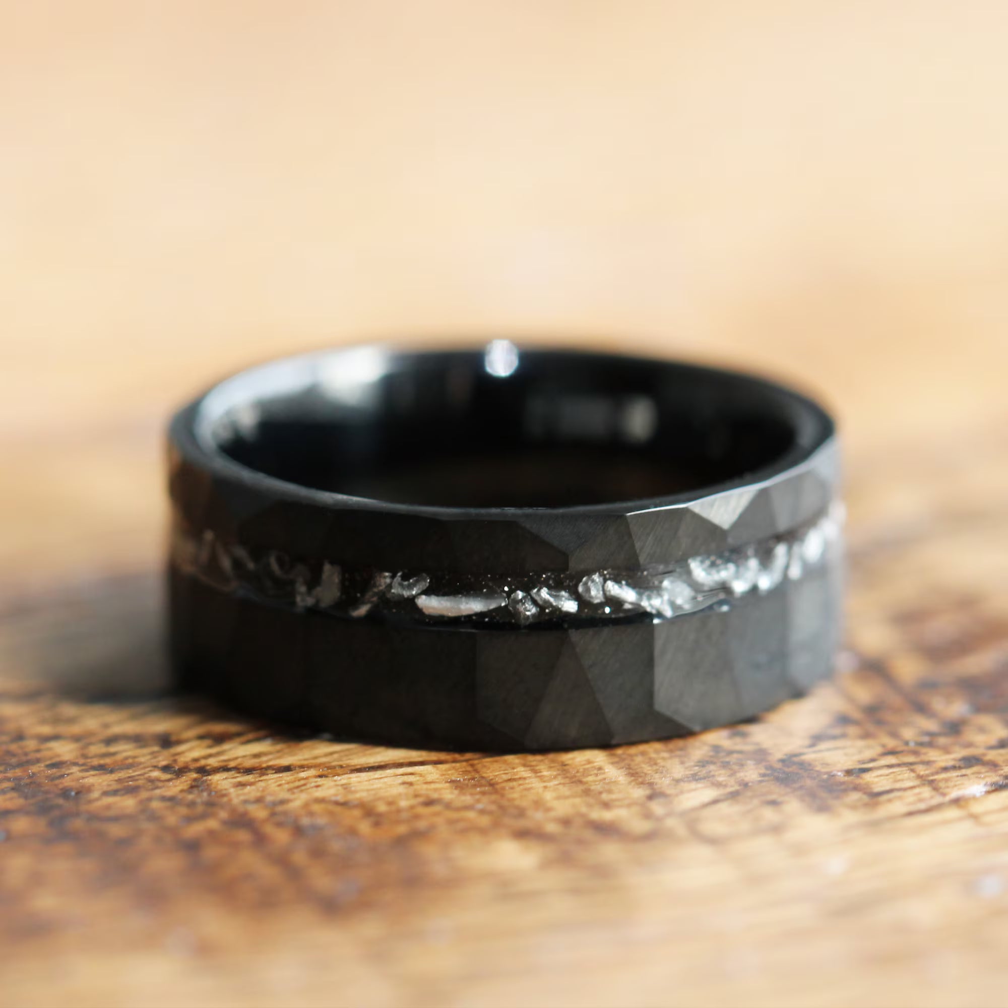 Meteorite Hammered Wedding Ring For Men & Women - Black  8/6mm  - Promise Ring for Him - Mens & Women Hammered Wedding Band Unique - INSIGNIA