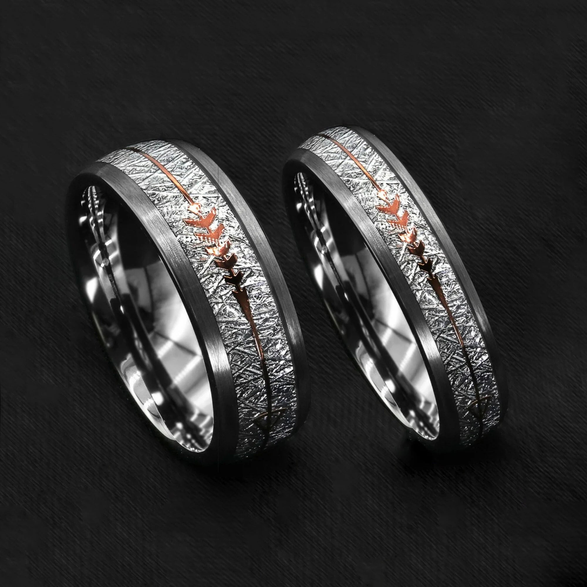 Meteorite Couple Rings - Dome Couples Wedding / Engagement Rings Silver - Promise Rings for Couples - Two Tone Arrow Ring - Anniversary / Bithday Gift - INSIGNIA