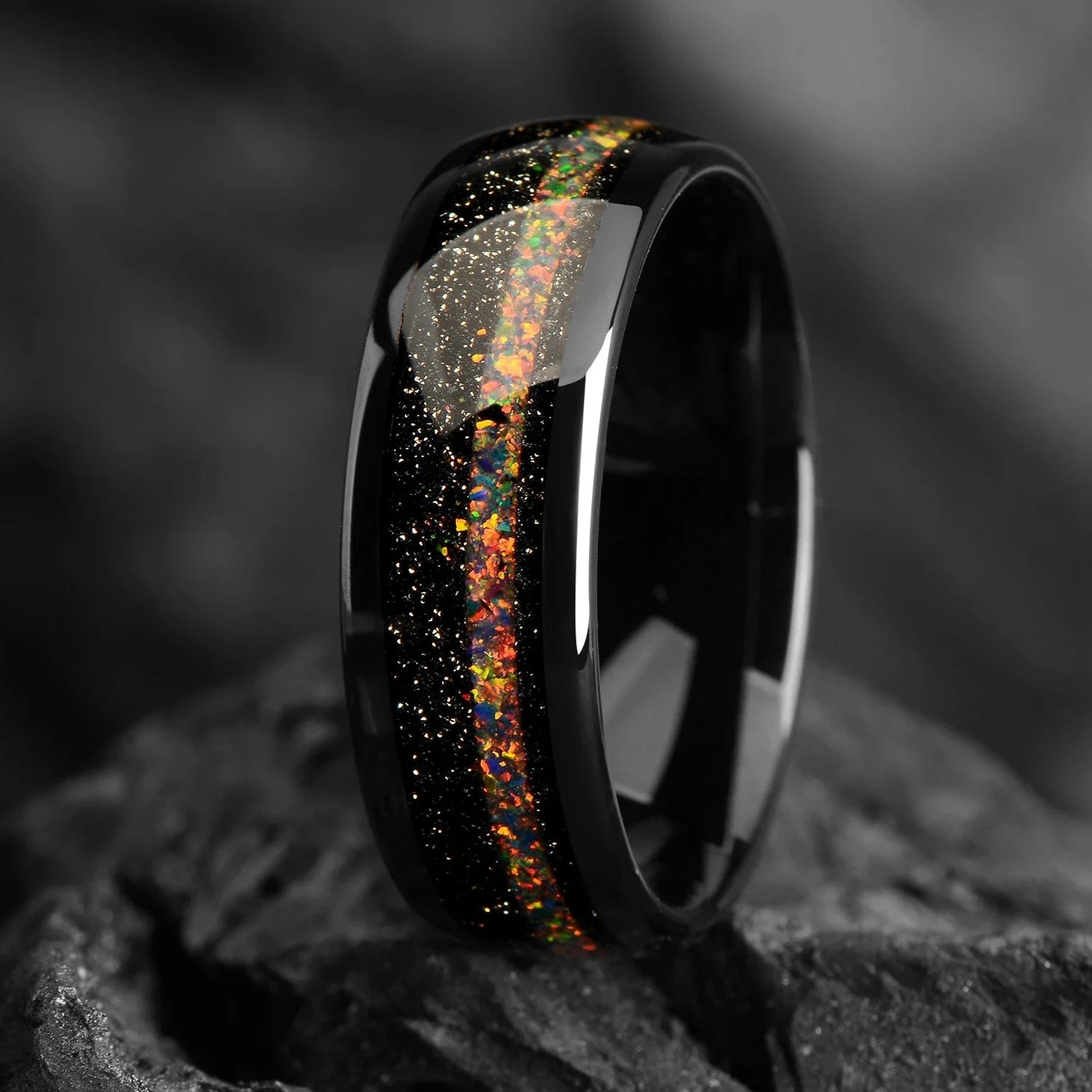 Galaxy Fire Opal Tungsten Wedding Ring Black - 8/4 mm - Outer Space Ring Mens - Promise Ring for Him - Men Solid Opal Wedding Band - INSIGNIA