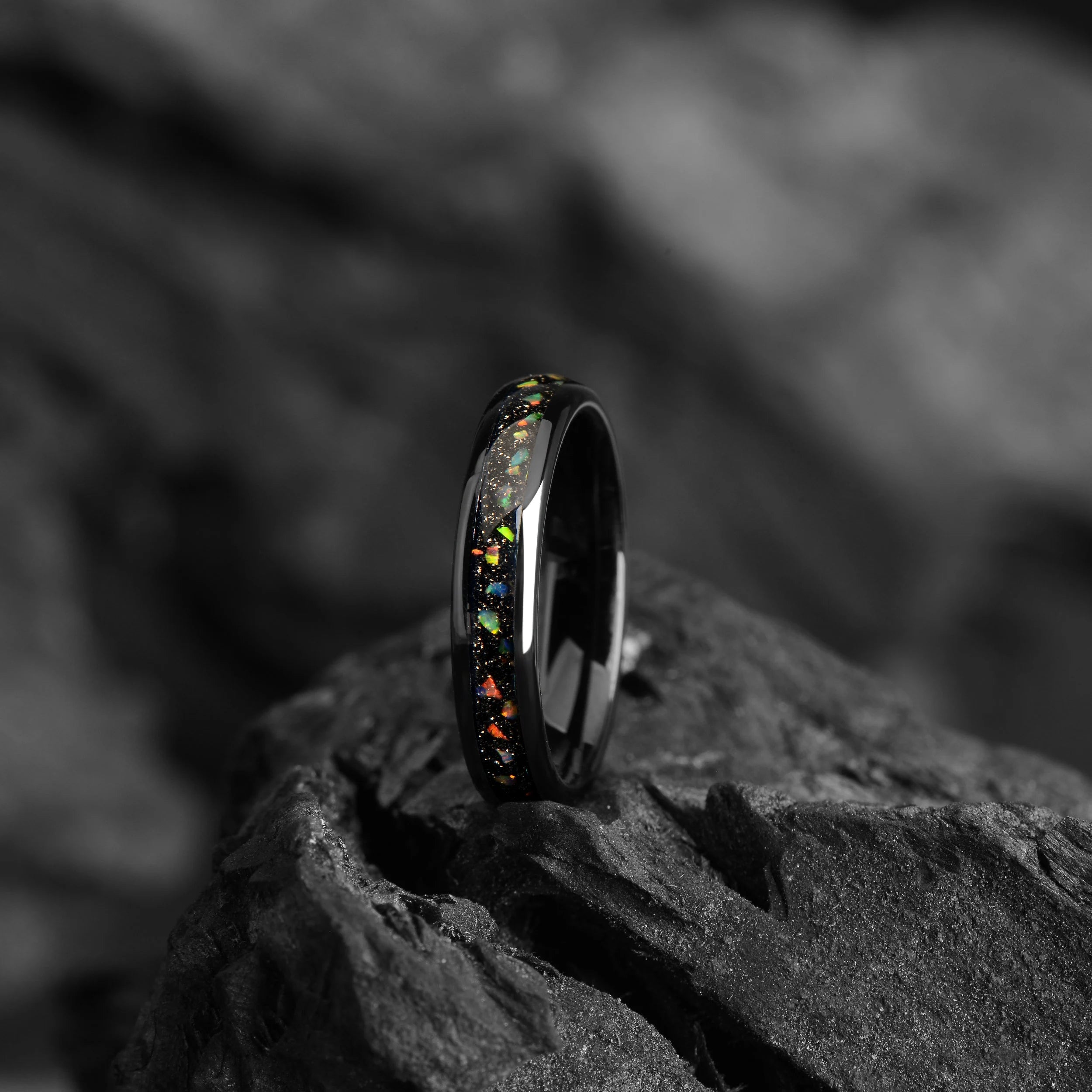 Galaxy Fire Opal Tungsten Wedding Ring 4mm -  Dainty  Wedding band - Thin Black Opal Dome Ring For Girlfriend - INSIGNIA