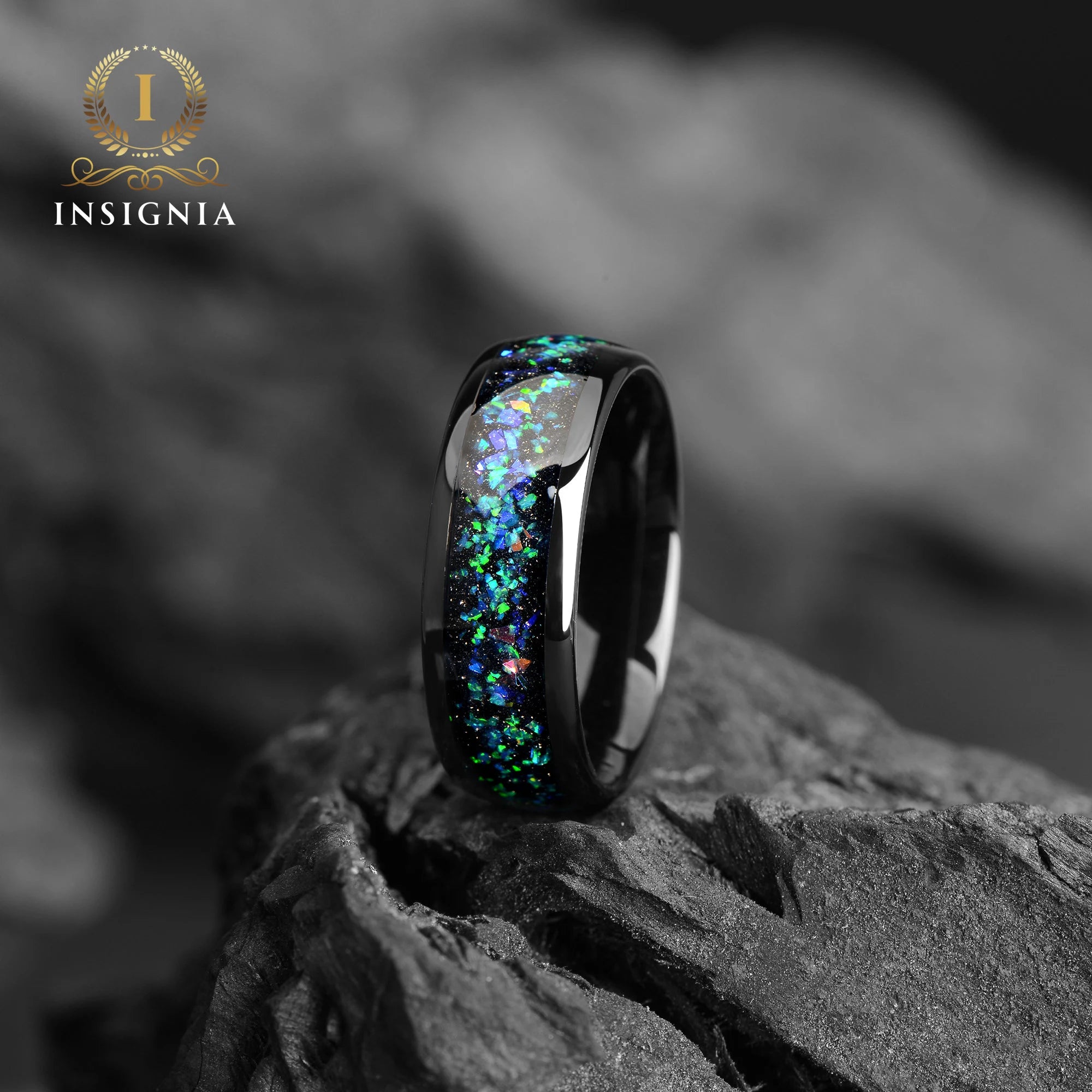 Galaxy & Opal Unique Mens Wedding Band Black - 8mm - Alexandrite Space Dome Ring Mens - Promise Ring for Him - Men Solid Opal Wedding Band - INSIGNIA