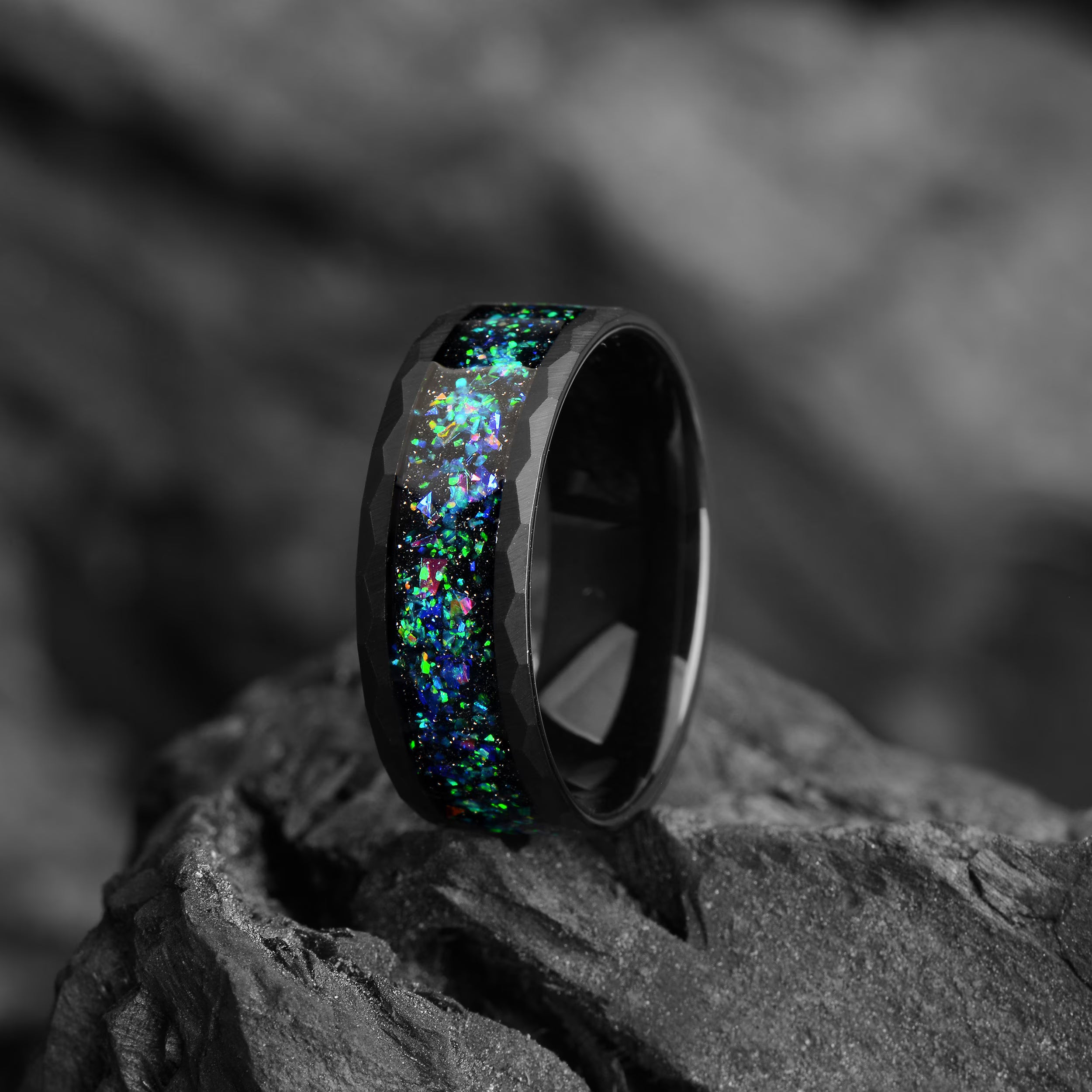 Galaxy & Opal Wedding Ring Set His and Hers Black - Hammered Alexandrite Promise Rings - 4/8 mm - Space Couples Rings - Opal Wedding Band - INSIGNIA