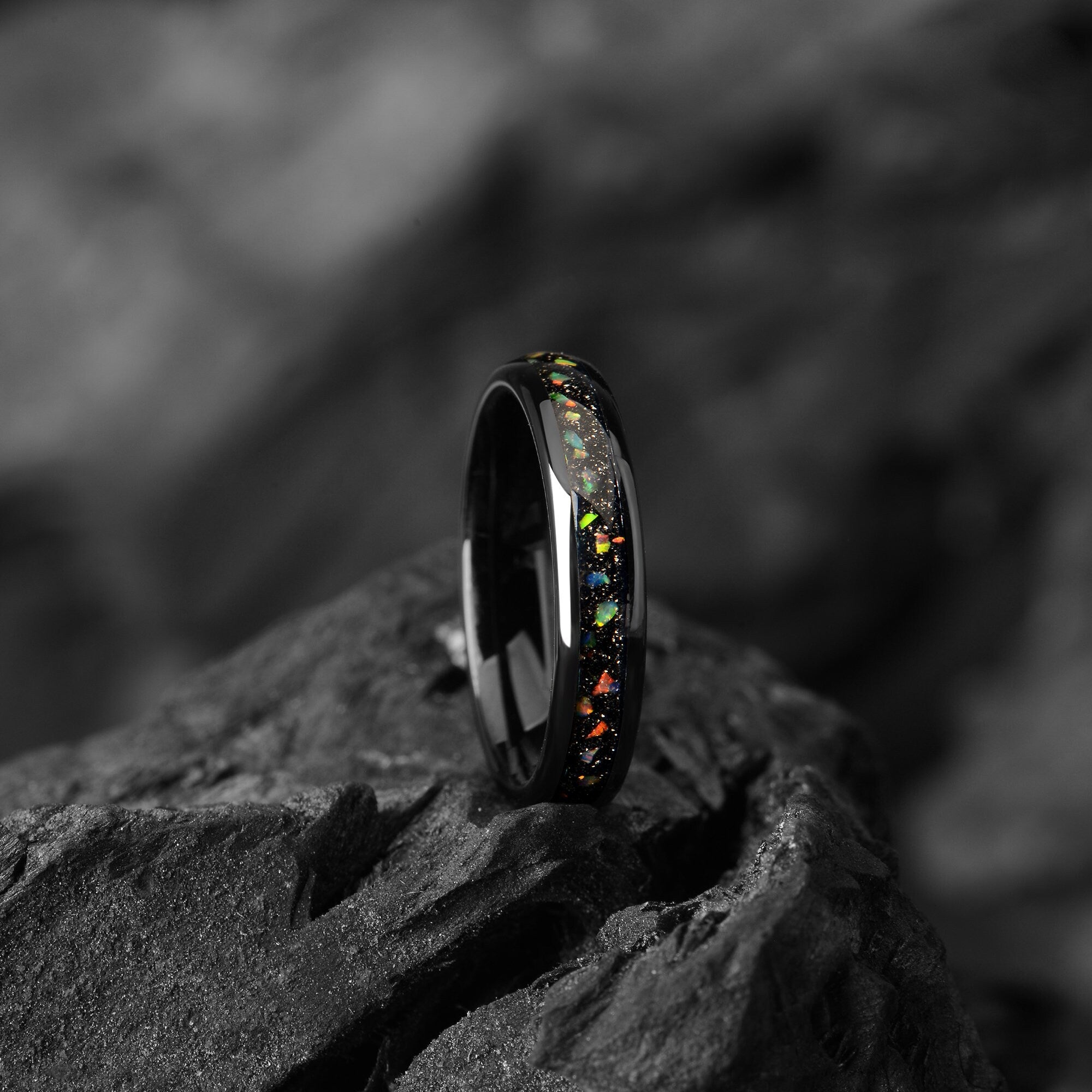 Galaxy Fire Opal Tungsten Wedding Ring Black - 8/4 mm - Outer Space Ring Mens - Promise Ring for Him - Men Solid Opal Wedding Band - INSIGNIA