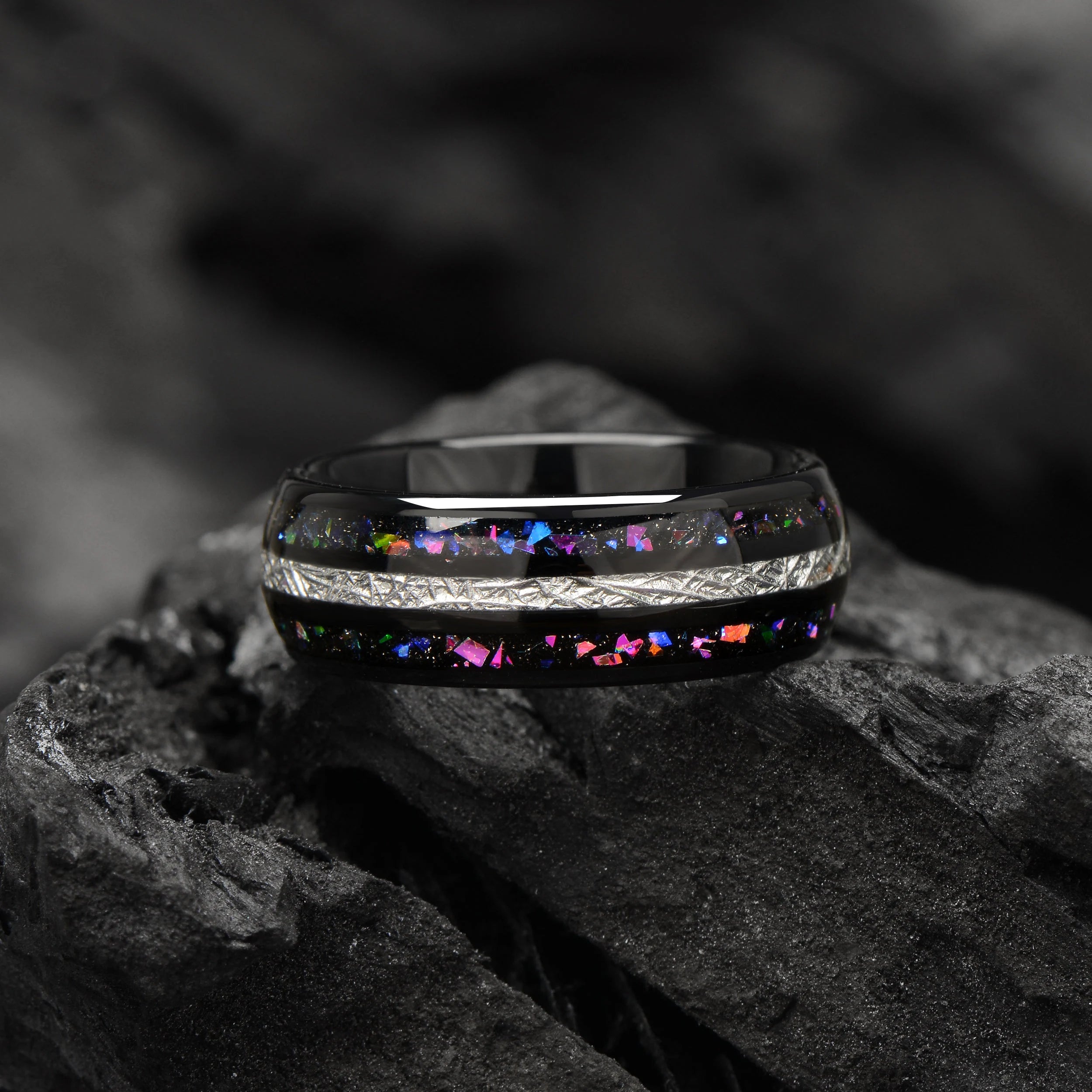 Meteorite & Opal Mens Galaxy Ring  8mm - Custom Engraved Mens Wedding Band/Engagment Ring - Promise Ring for Him - Birthday Anniversary Gift - INSIGNIA