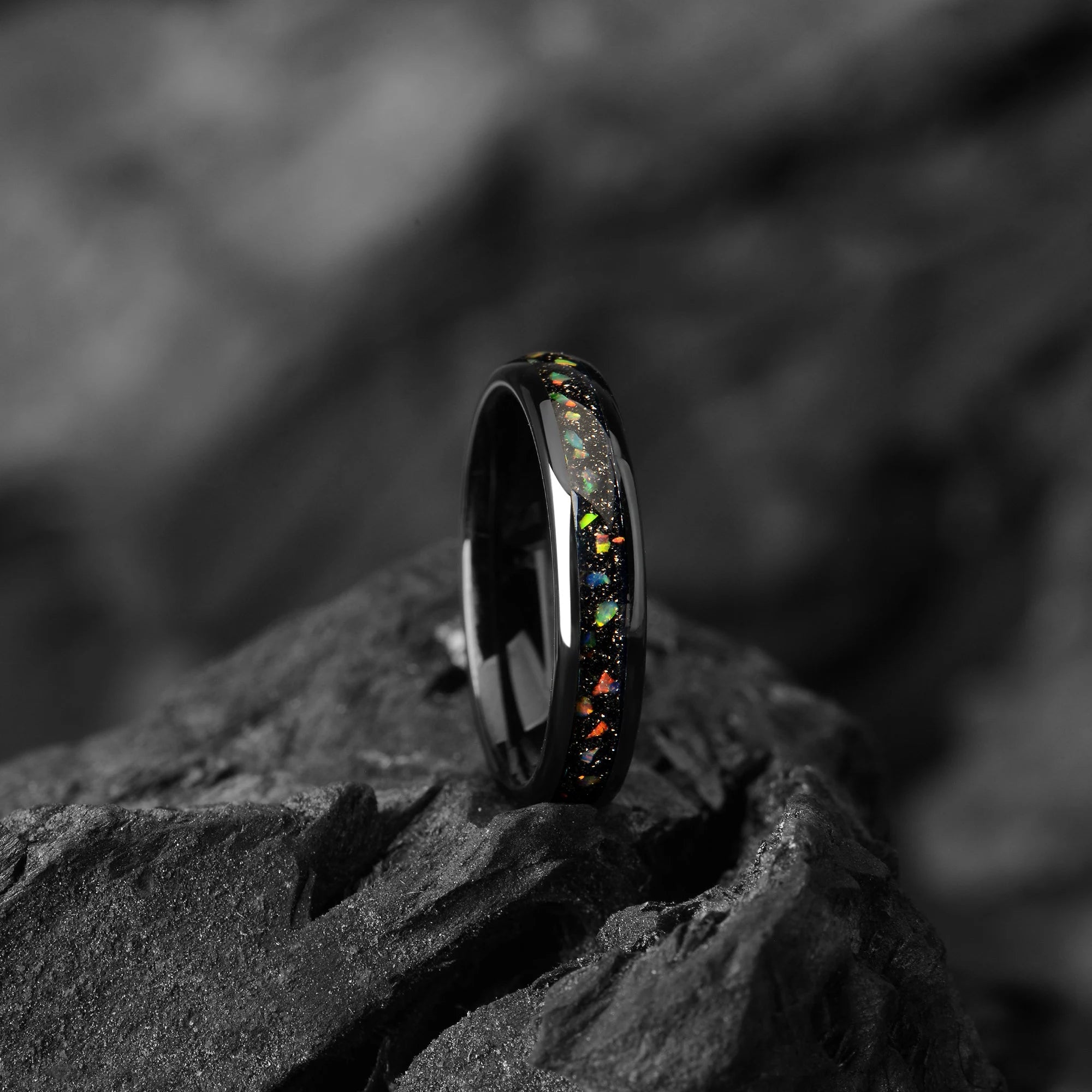 Galaxy Fire Opal Tungsten Wedding Ring 4mm -  Dainty  Wedding band - Thin Black Opal Dome Ring For Girlfriend - INSIGNIA