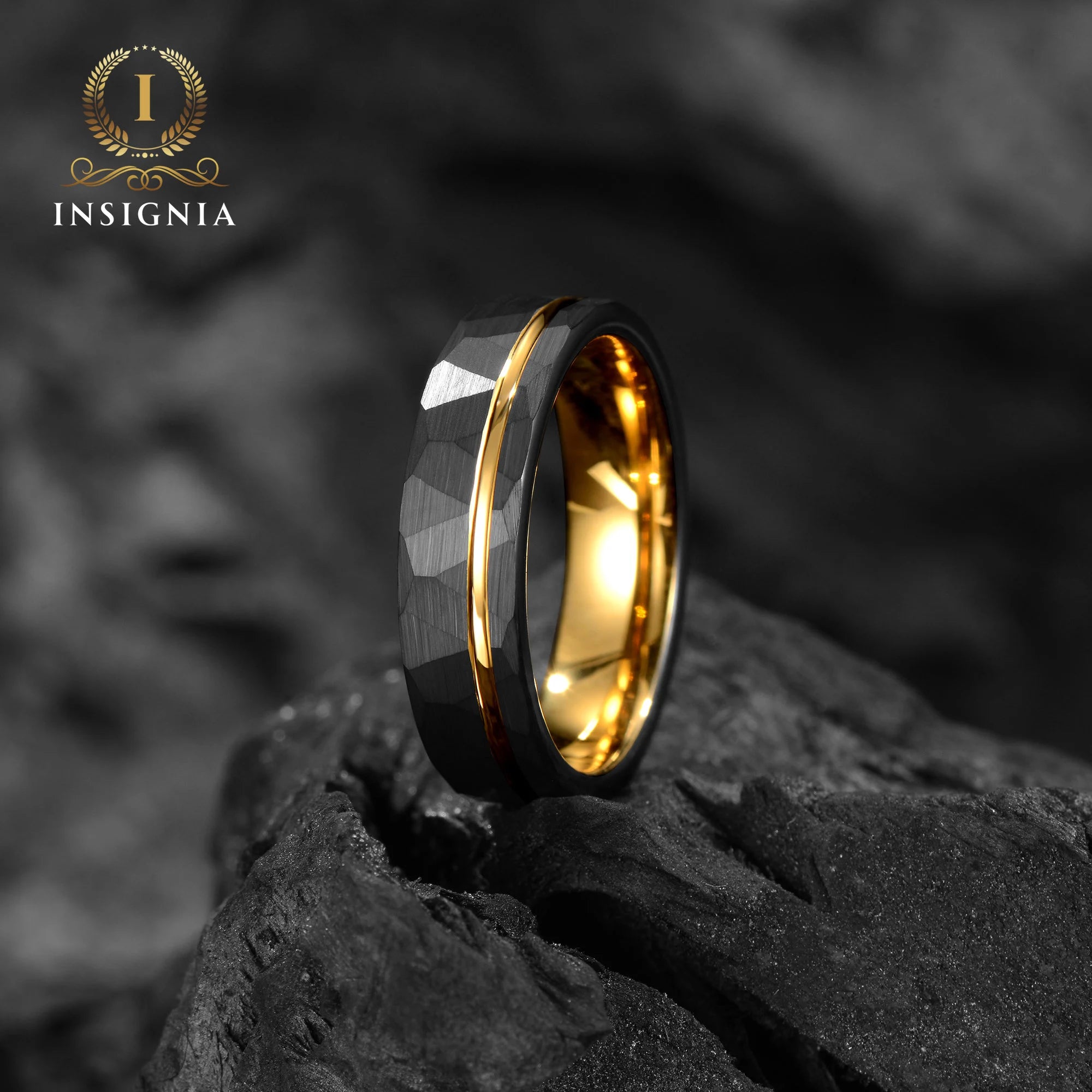 Hammered Yellow Gold & Black Tungsten Ring 6mm - 18K Gold Mens/ Women Wedding Band Unique - Engagement/ Promise Ring for Him - Birthday/ Anniversary Gift - INSIGNIA