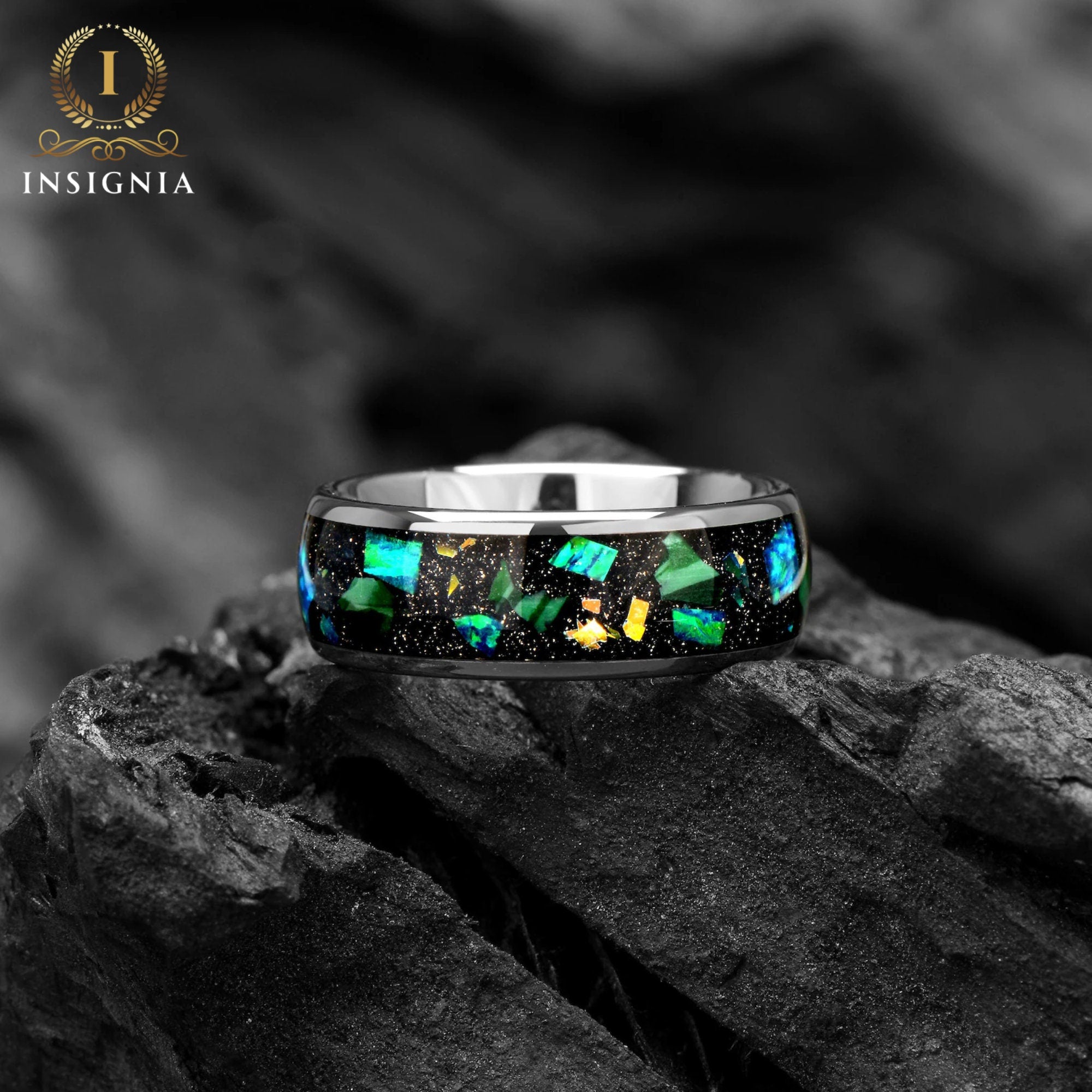 Galaxy & Green Opal Out Space Mens Tungsten Ring - 8mm -  Engagement / Promise Ring for Him - Unique Mens - Opal Wedding Band - Birthday Anniversary Gift - INSIGNIA