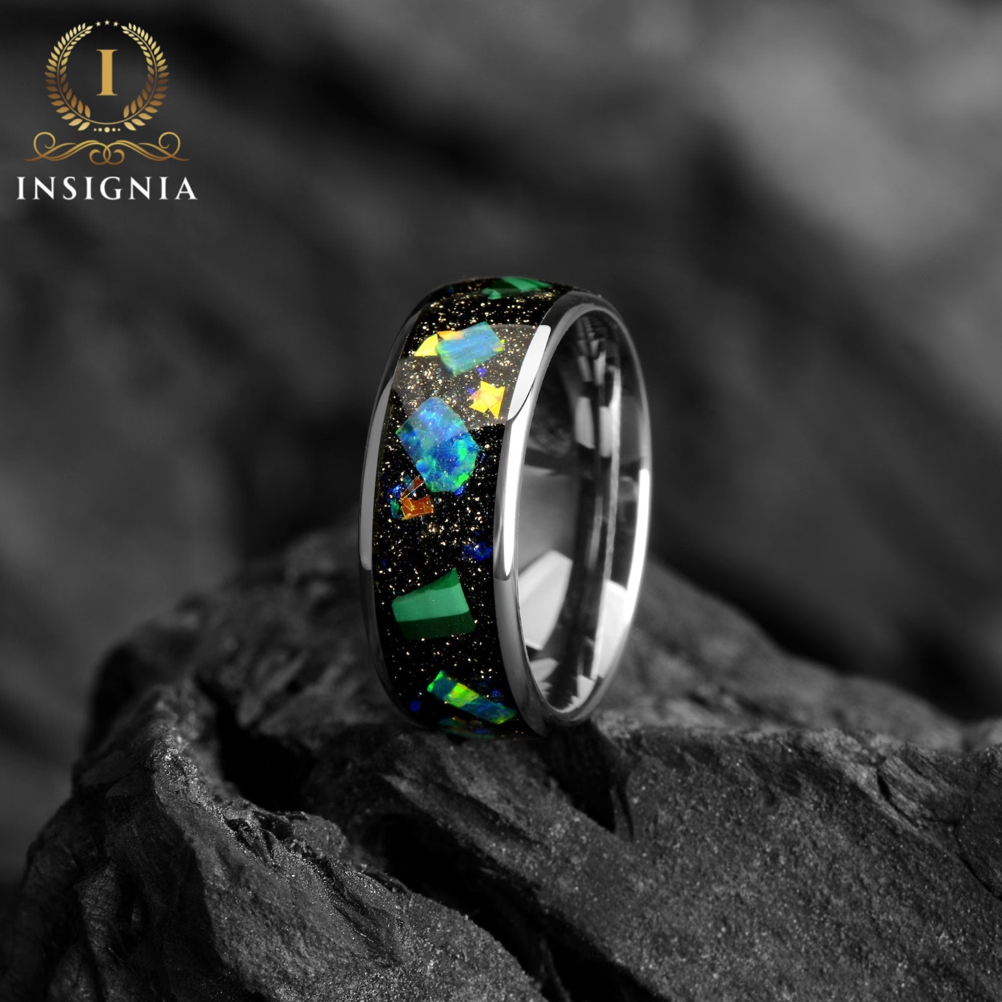 Galaxy & Green Opal Out Space Mens Tungsten Ring - 8mm -  Engagement / Promise Ring for Him - Unique Mens - Opal Wedding Band - Birthday Anniversary Gift - INSIGNIA