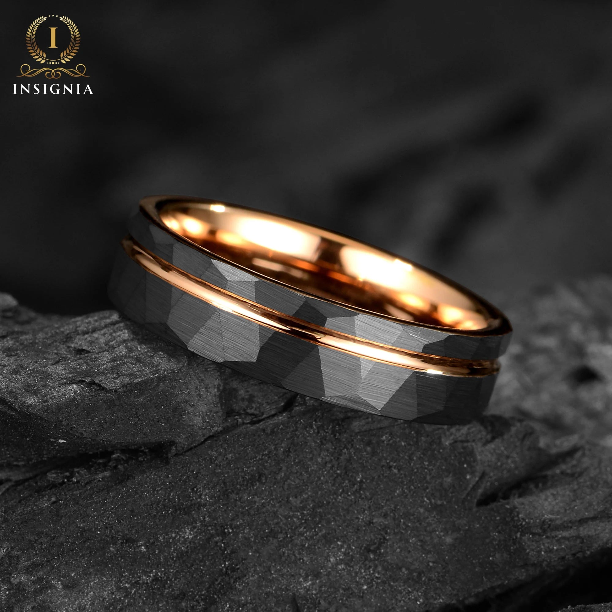 Black Hammered Mens Wedding Ring 6mm - Rose Gold Strip Hammered Brushed Tungsten Unisex Wedding Band / Engagement Ring / Anniversary Gift - INSIGNIA