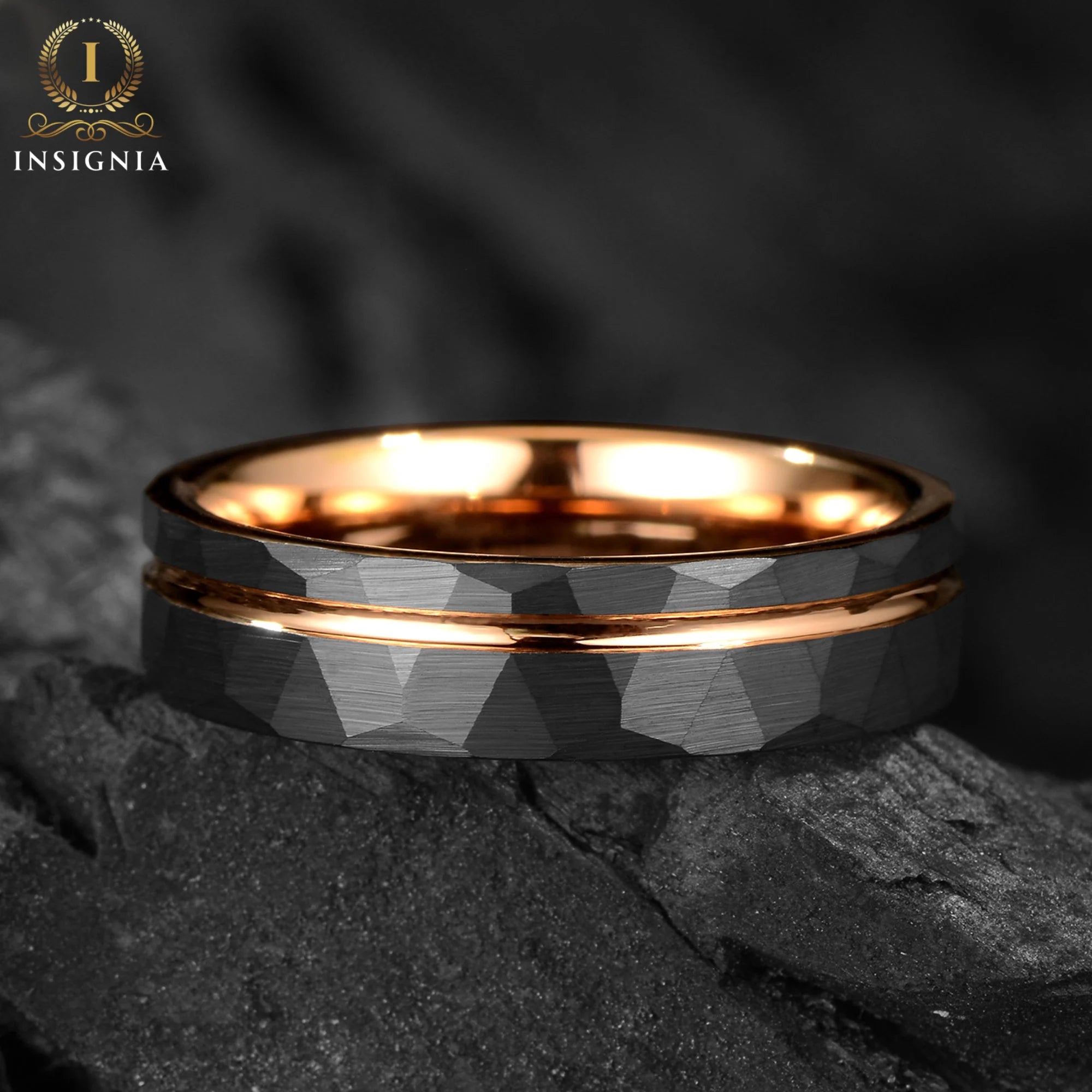 Black Hammered Mens Wedding Ring 6mm - Rose Gold Strip Hammered Brushed Tungsten Unisex Wedding Band / Engagement Ring / Anniversary Gift - INSIGNIA