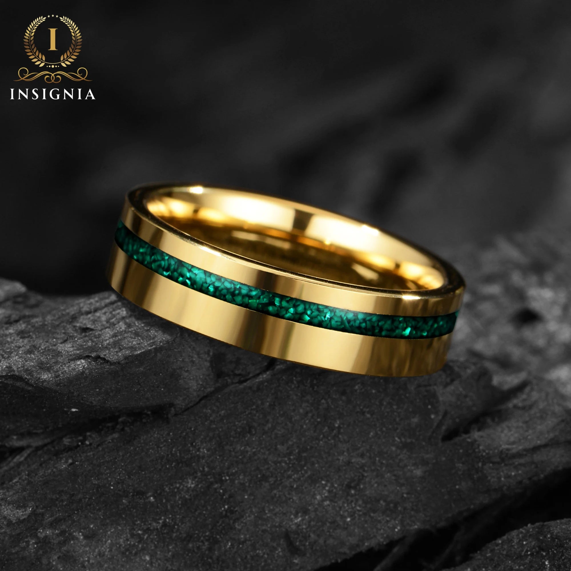 Sage - Malachite Ring, 14K Gold Plated - Tungsten Mens Wedding Band Unique - Engagement / Simple Promise Ring for Him - Anniversary gift - INSIGNIA