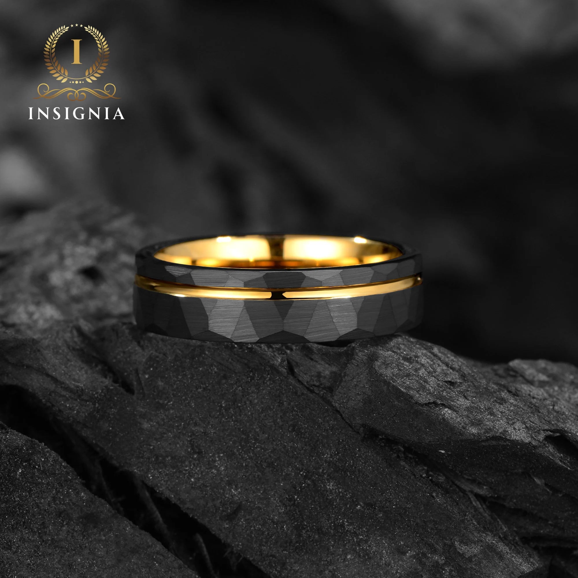 Hammered Yellow Gold & Black Tungsten Ring 6mm - 18K Gold Mens/ Women Wedding Band Unique - Engagement/ Promise Ring for Him - Birthday/ Anniversary Gift - INSIGNIA