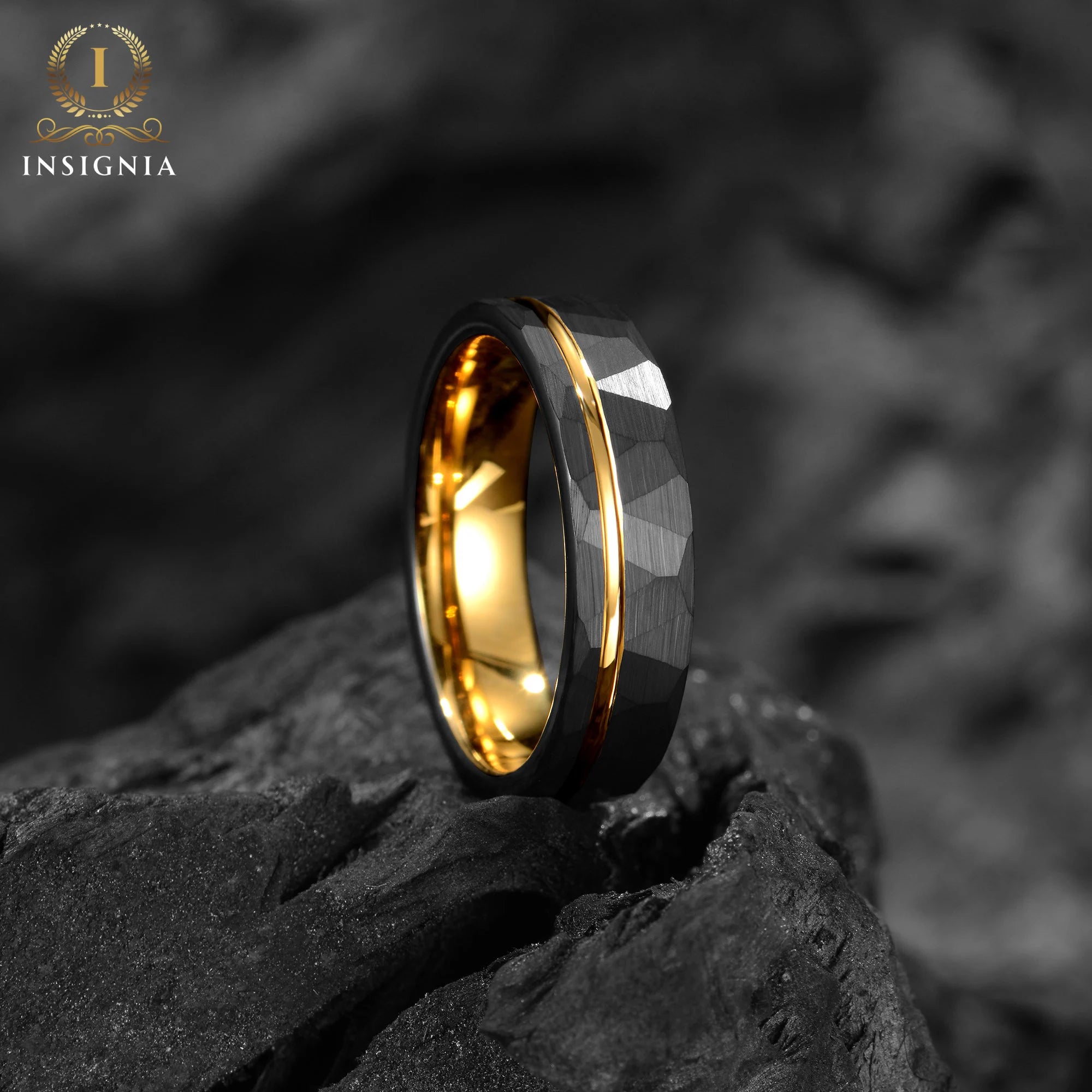 Hammered Yellow Gold & Black Tungsten Ring 6mm - 18K Gold Mens/ Women Wedding Band Unique - Engagement/ Promise Ring for Him - Birthday/ Anniversary Gift - INSIGNIA