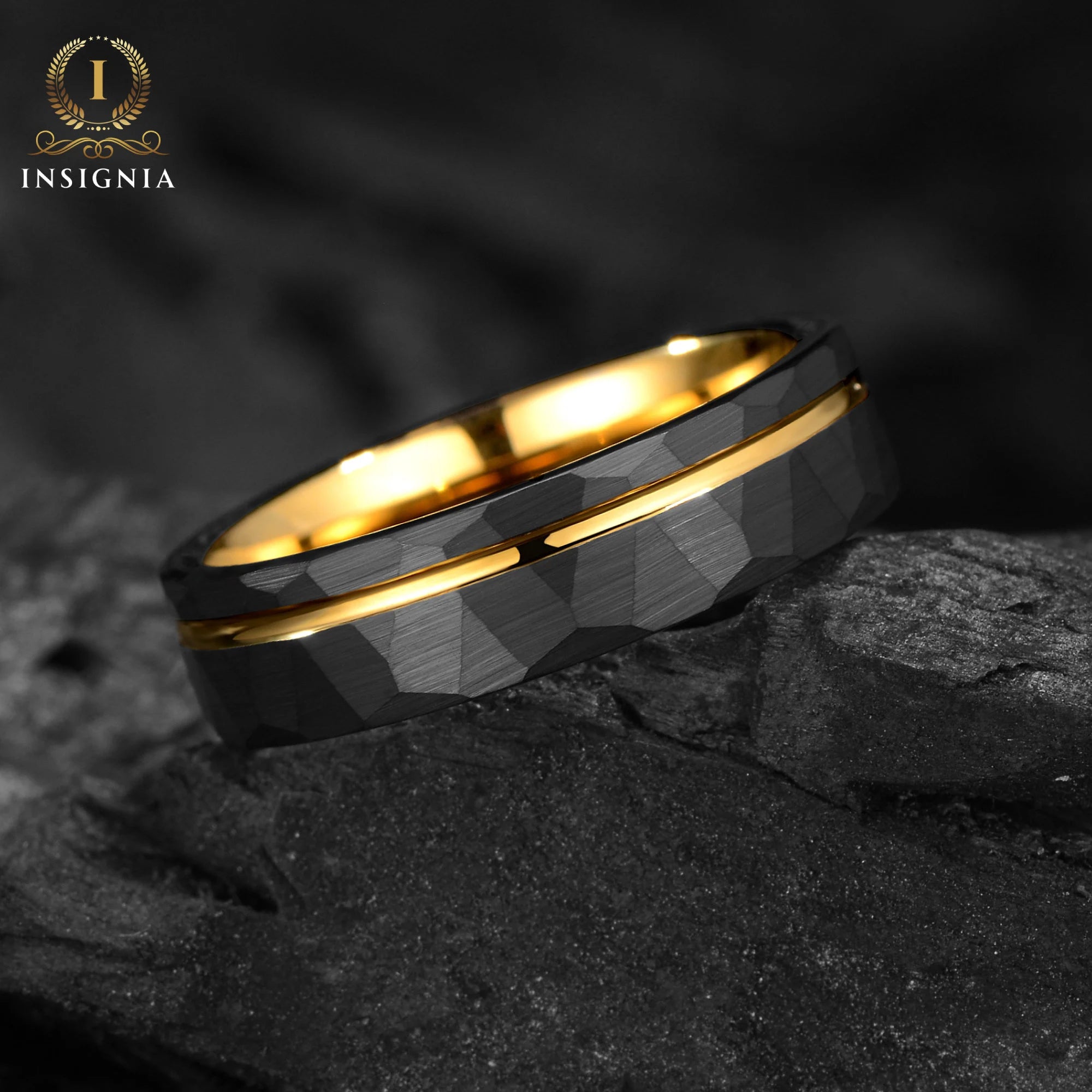 Hammered Yellow Gold & Black Tungsten Ring 6mm - 18K Gold Mens/ Women Wedding Band Unique - Engagement/ Promise Ring for Him - Birthday/ Anniversary Gift - INSIGNIA