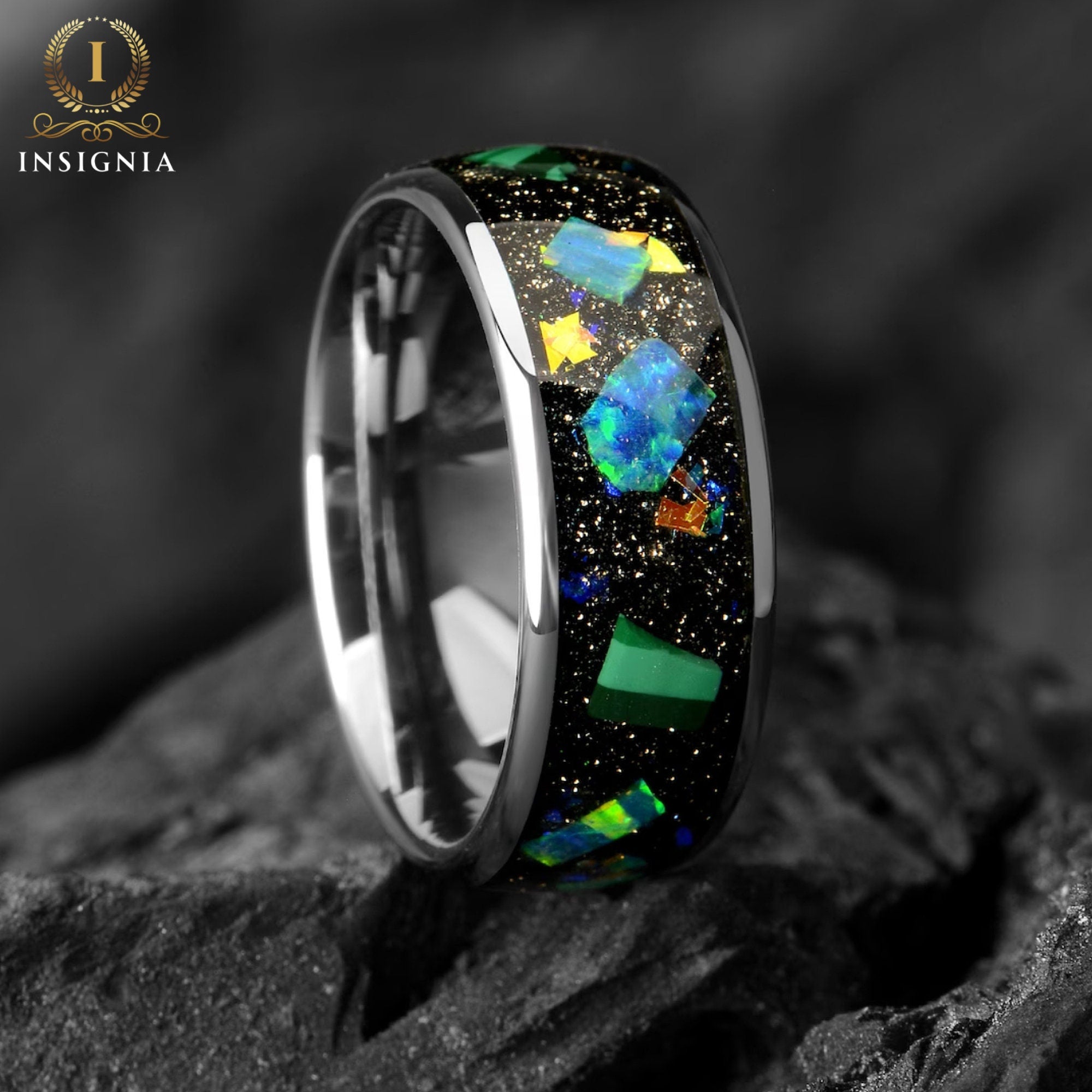 Galaxy & Green Opal Out Space Mens Tungsten Ring - 8mm -  Engagement / Promise Ring for Him - Unique Mens - Opal Wedding Band - Birthday Anniversary Gift - INSIGNIA