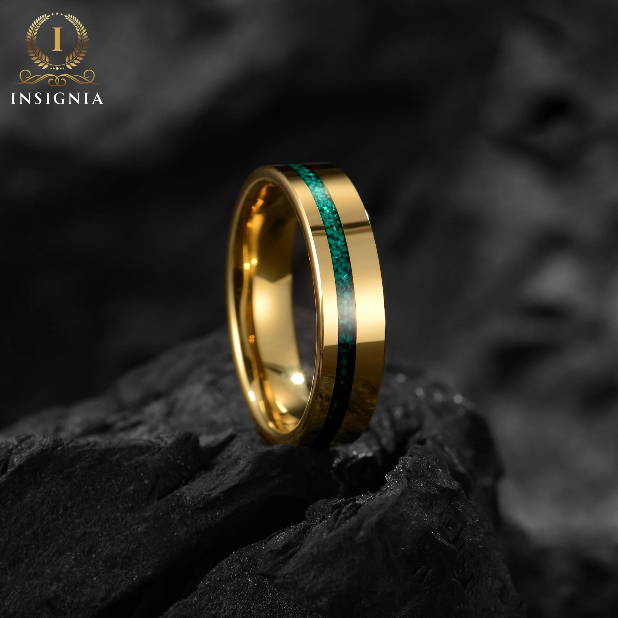 Sage - Malachite Ring, 14K Gold Plated - Tungsten Mens Wedding Band Unique - Engagement / Simple Promise Ring for Him - Anniversary gift - INSIGNIA