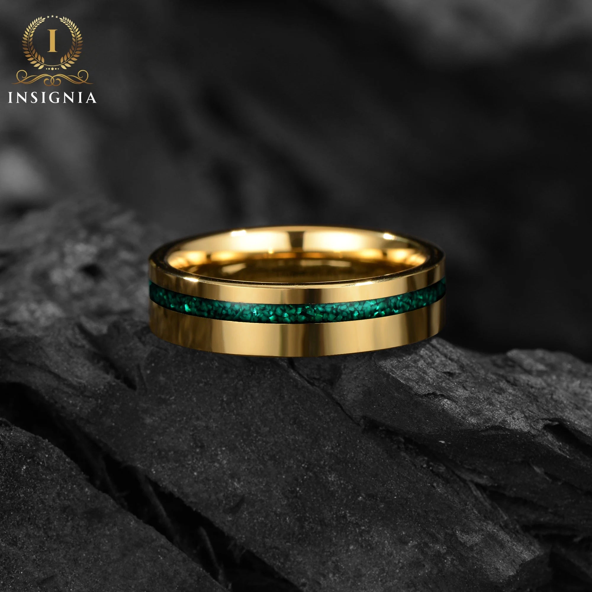 Sage - Malachite Ring, 14K Gold Plated - Tungsten Mens Wedding Band Unique - Engagement / Simple Promise Ring for Him - Anniversary gift - INSIGNIA