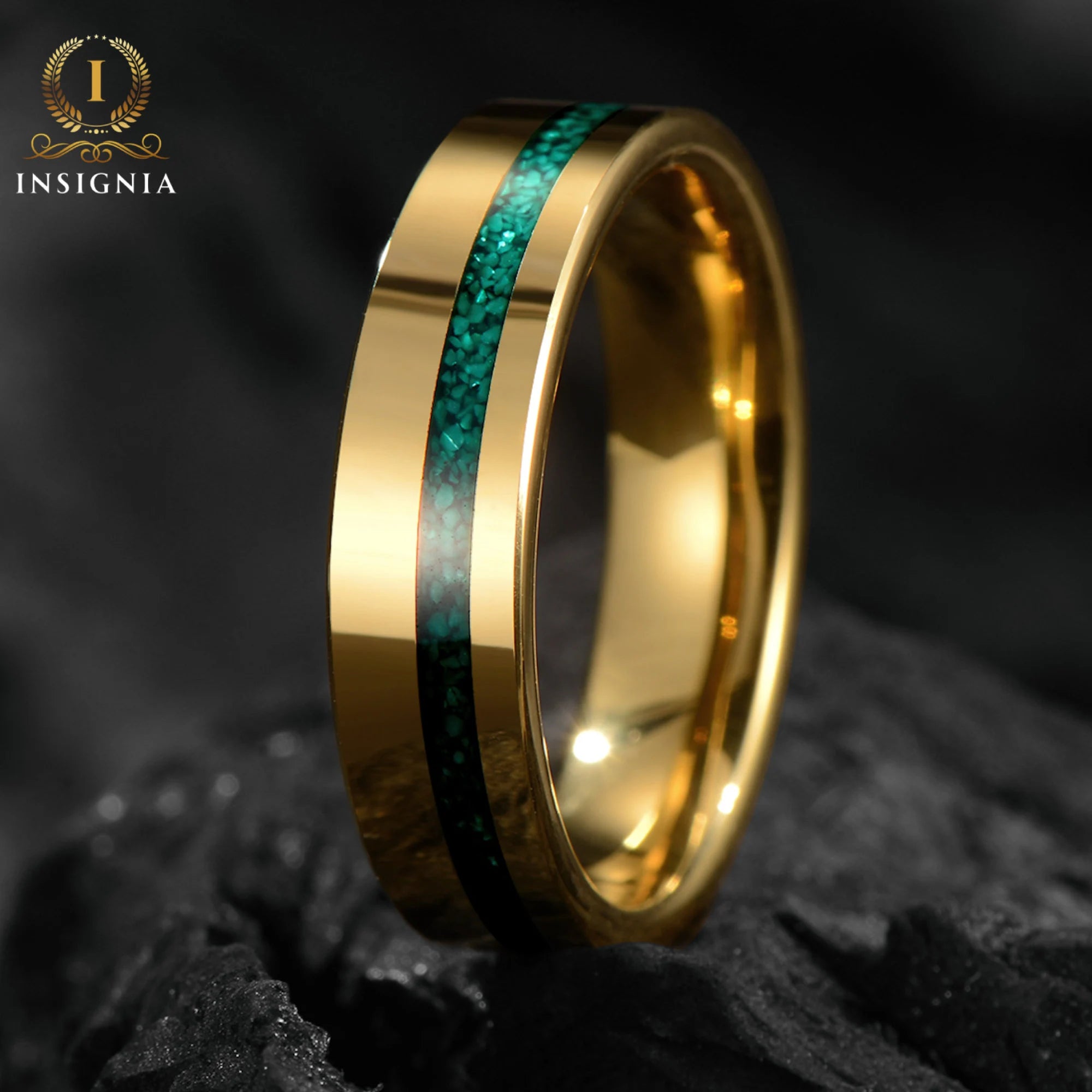 Sage - Malachite Ring, 14K Gold Plated - Tungsten Mens Wedding Band Unique - Engagement / Simple Promise Ring for Him - Anniversary gift - INSIGNIA