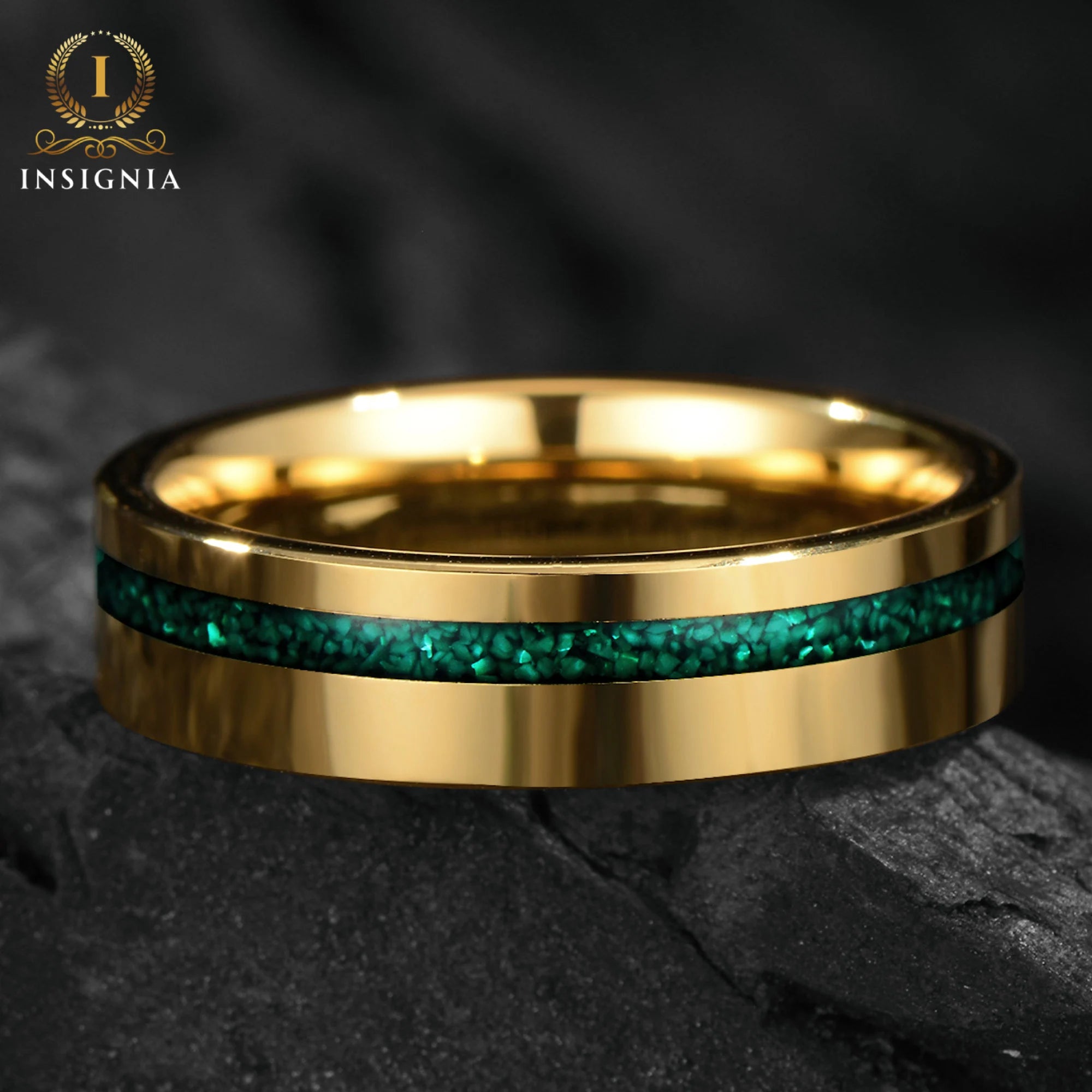 Sage - Malachite Ring, 14K Gold Plated - Tungsten Mens Wedding Band Unique - Engagement / Simple Promise Ring for Him - Anniversary gift - INSIGNIA