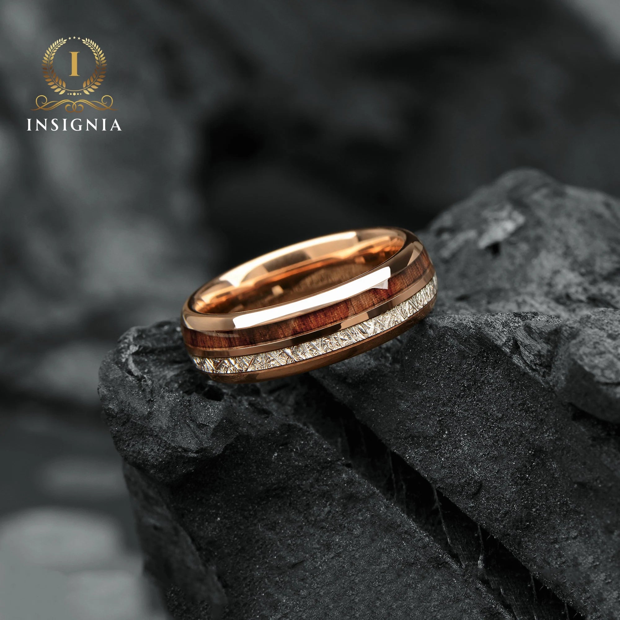 Meteorite & Koa Wood Wedding Band Set His and Hers - WoodenCouple Rings  6/8mm - Unique Promise Ring for Couples - Redwood Arrow Dome Rings - INSIGNIA