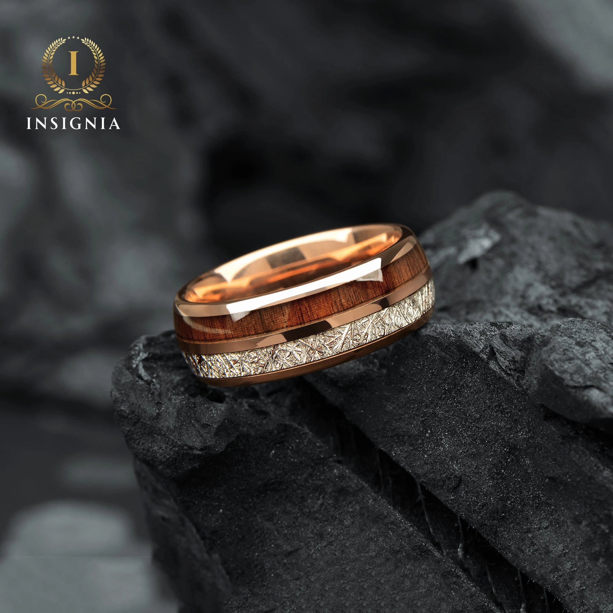 Meteorite & Koa Wood Wedding Band Set His and Hers - WoodenCouple Rings  6/8mm - Unique Promise Ring for Couples - Redwood Arrow Dome Rings - INSIGNIA