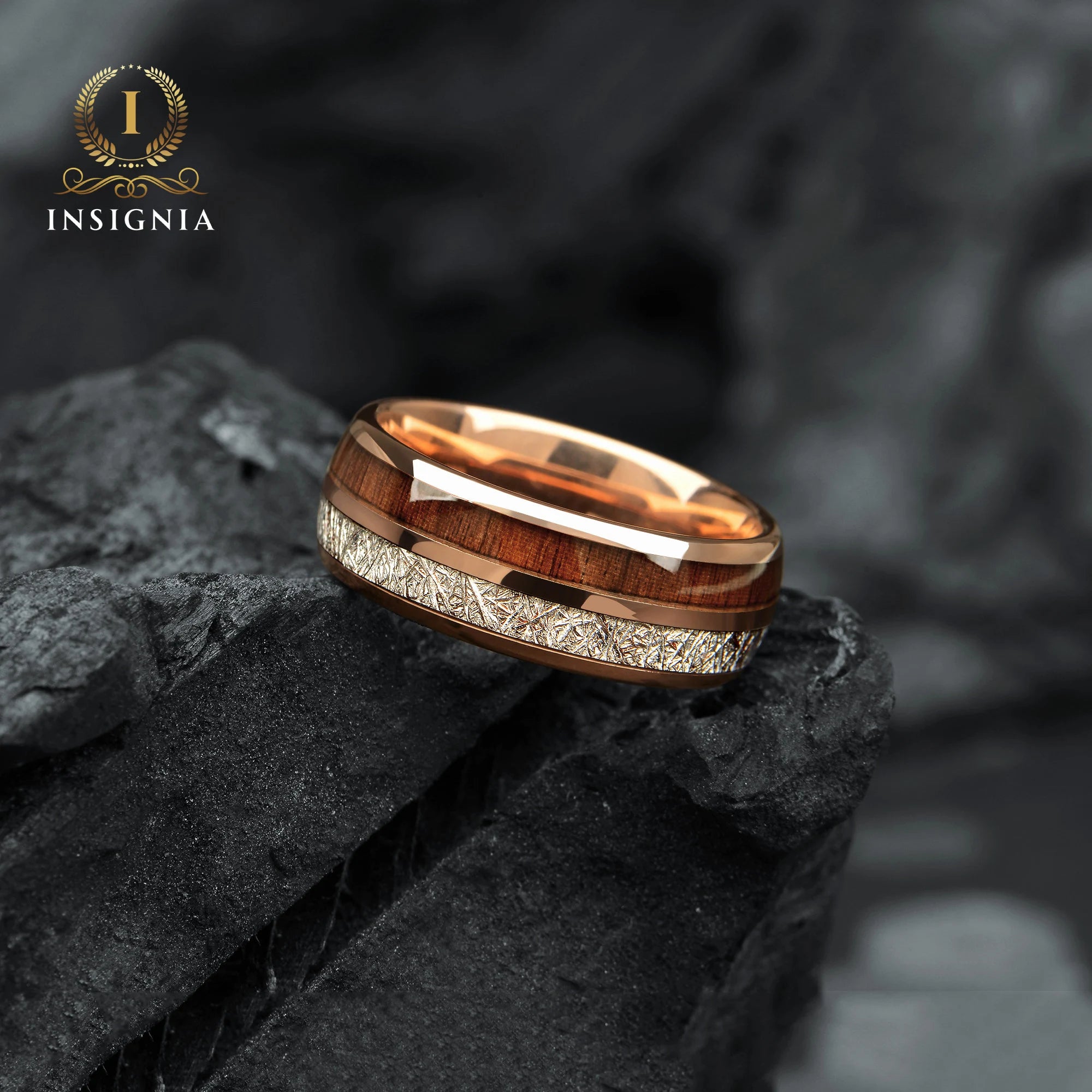 Meteorite & Koa Wood Wedding Band Set His and Hers - WoodenCouple Rings  6/8mm - Unique Promise Ring for Couples - Redwood Arrow Dome Rings - INSIGNIA