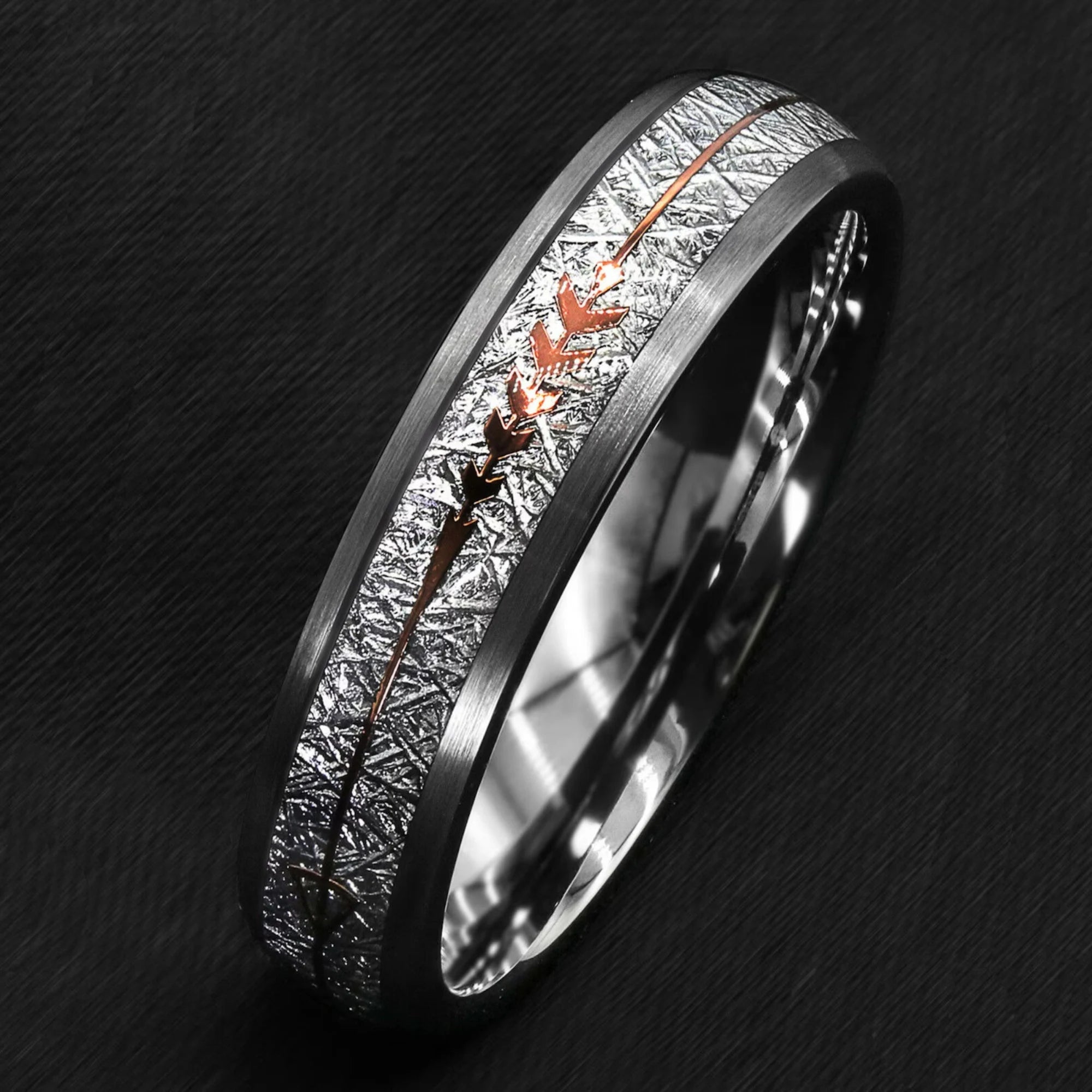 Meteorite & Tungsten Carbide Silver Ring For Women 6 mm - Simple Promise Rings for Her - Women Wedding Band / Engagement/ Promise Ring - Custom Engraved - INSIGNIA