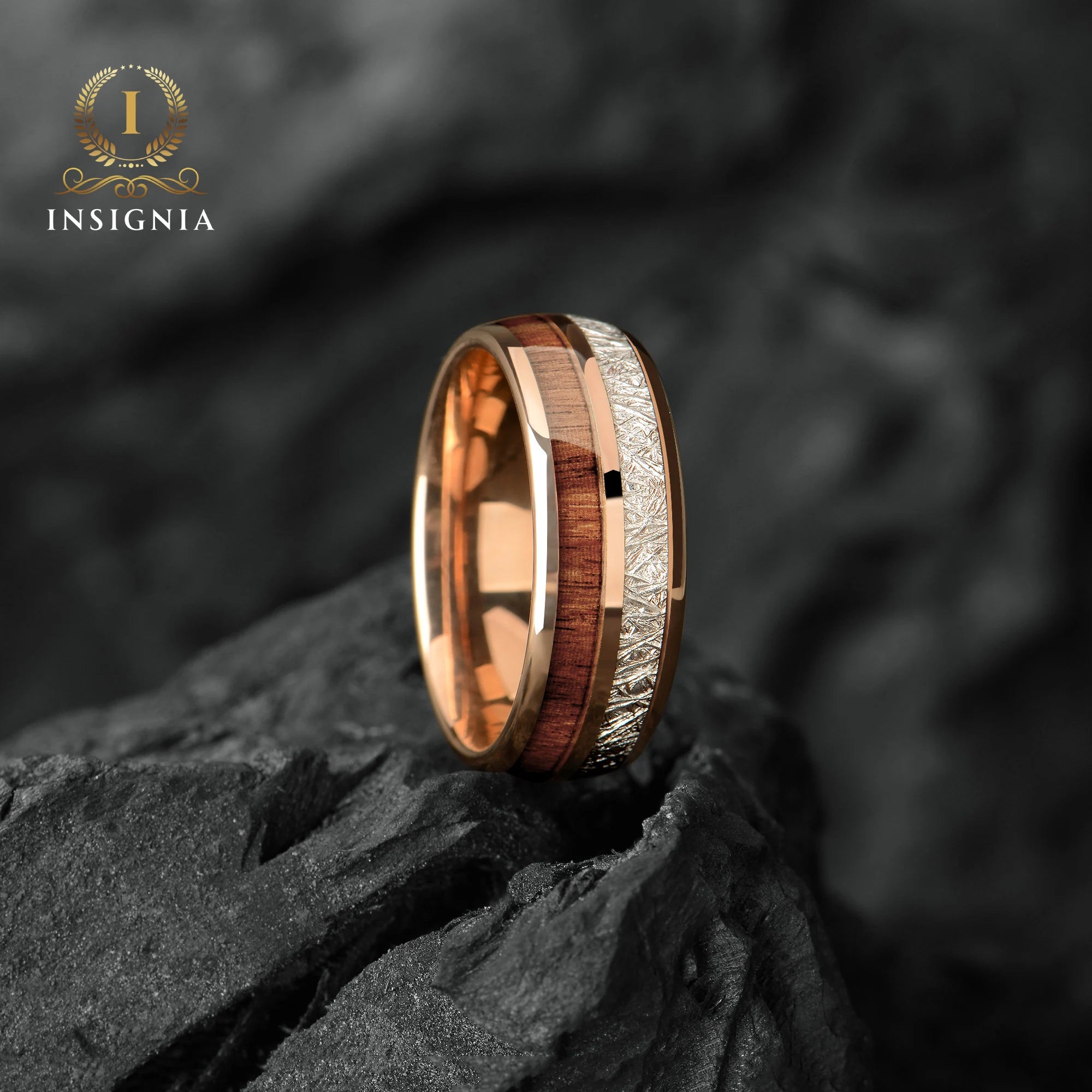 Meteorite & Koa Wood Wedding Band Set His and Hers - WoodenCouple Rings  6/8mm - Unique Promise Ring for Couples - Redwood Arrow Dome Rings - INSIGNIA