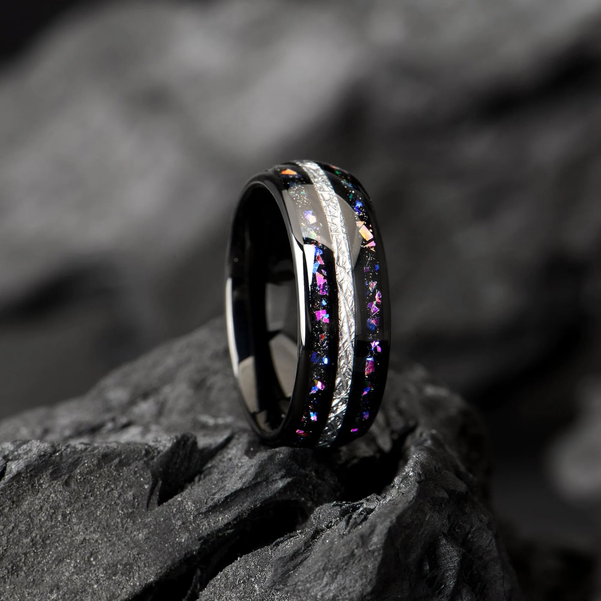 Meteorite & Opal Mens Galaxy Ring  8mm - Custom Engraved Mens Wedding Band/Engagment Ring - Promise Ring for Him - Birthday Anniversary Gift - INSIGNIA