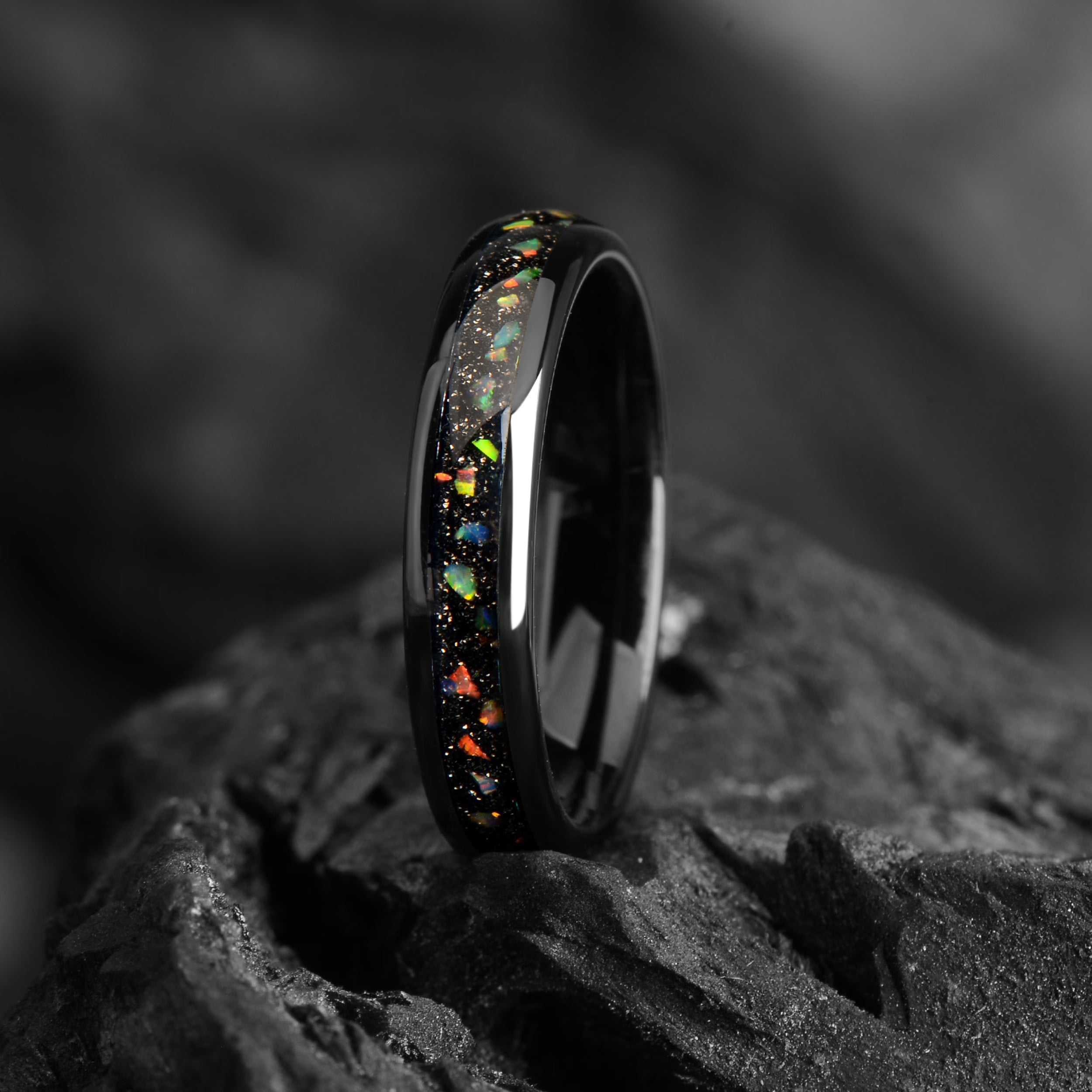 Galaxy Fire Opal Tungsten Wedding Ring Black - 8/4 mm - Outer Space Ring Mens - Promise Ring for Him - Men Solid Opal Wedding Band - INSIGNIA