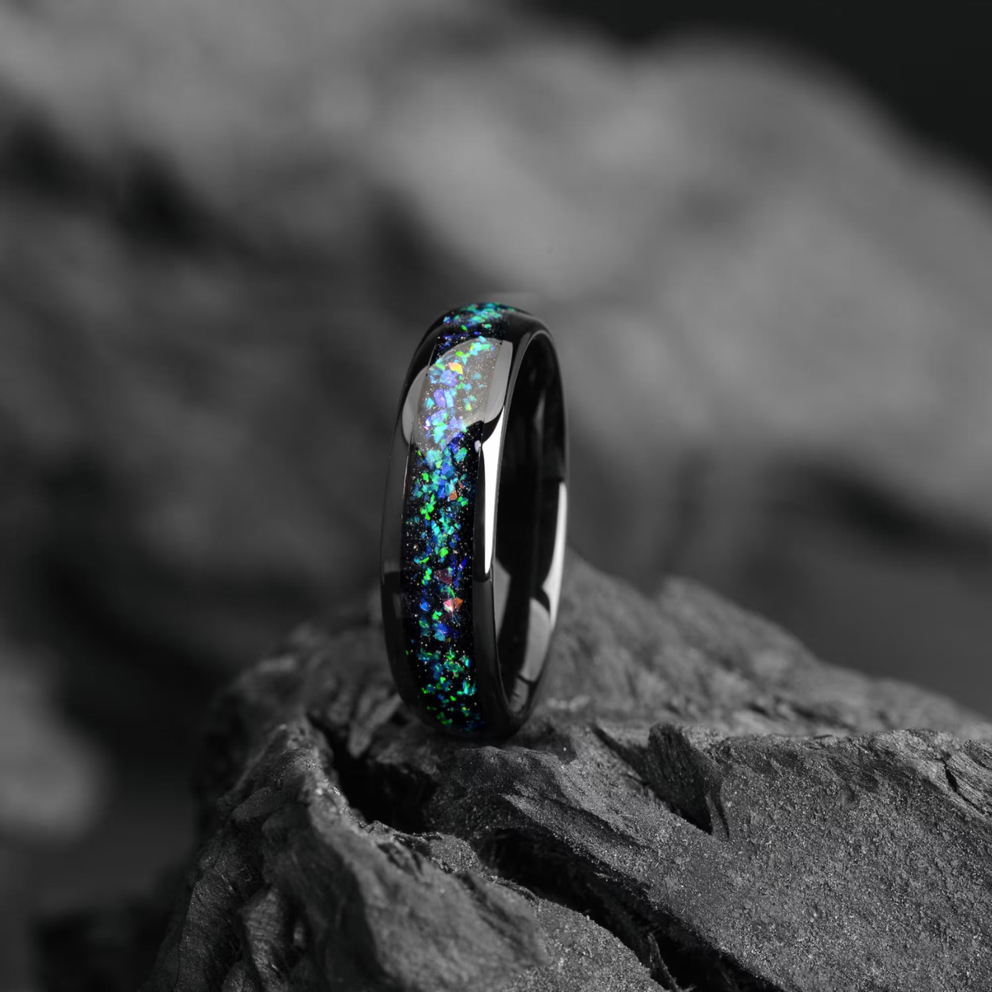 White Fire Opal shops Ring, Rainbow Opal Ring, Black Opal Ring, Black Tungsten Ring, Black Wedding Ring, 8mm Ring, Anniversary Gift