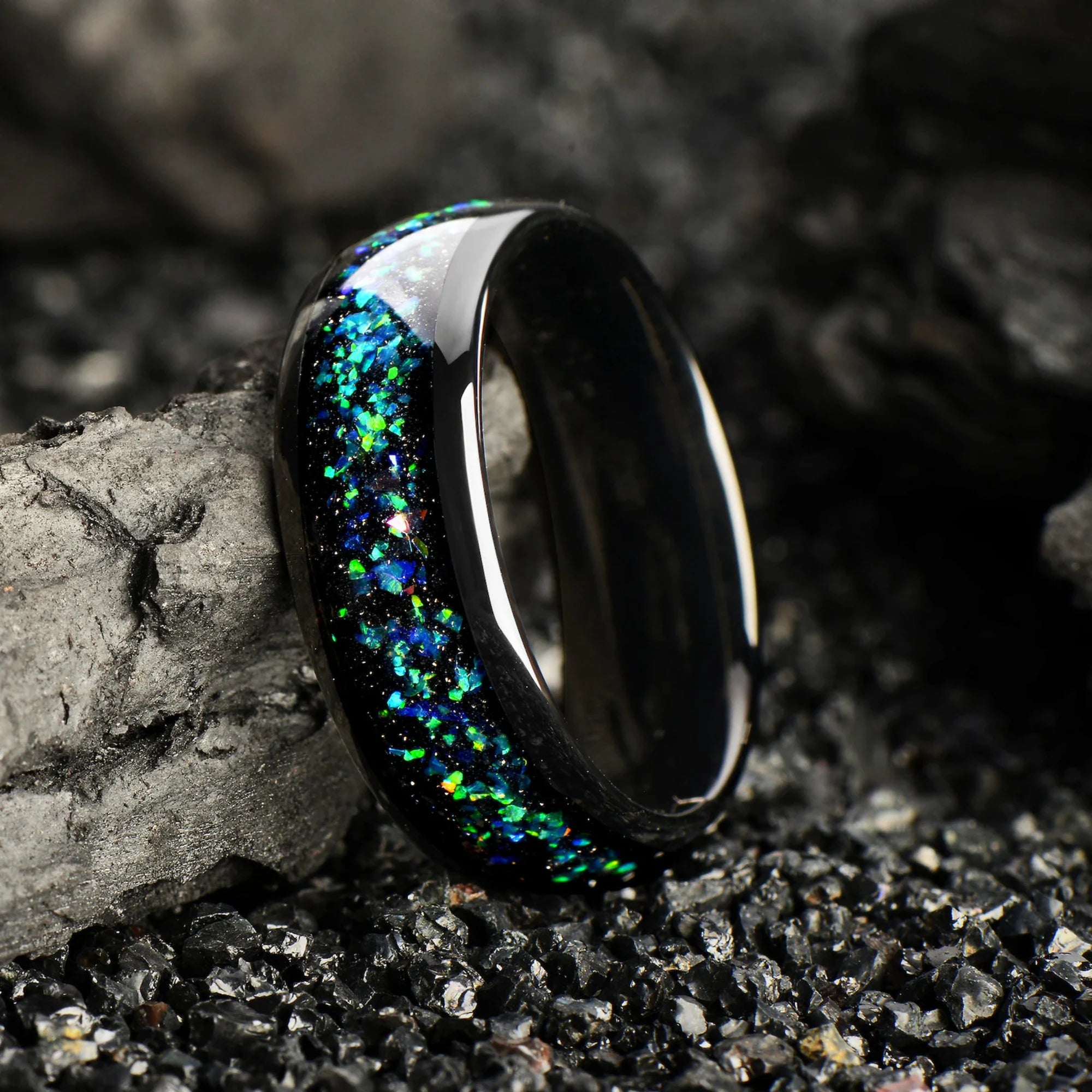 Galaxy & Opal Black Wedding Ring Set His and Hers  - Alexandrite Promise Rings - 4/8mm - Space Matching Couples Rings - Couple Wedding Bands - INSIGNIA