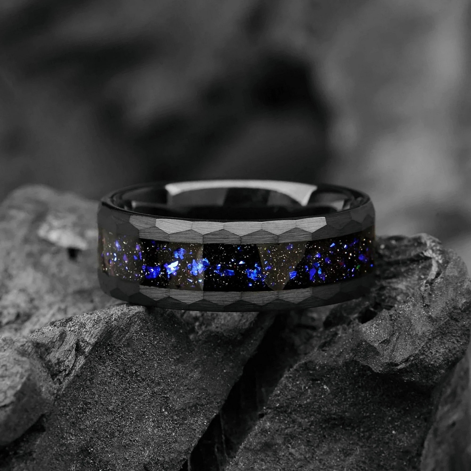 The Orion - Hammered Nebula Man Wedding Black Steel Hammered Band, Anniversary Engagement Promise Blue Galaxy Cosmos Inlay Ring For Him Gift - INSIGNIA