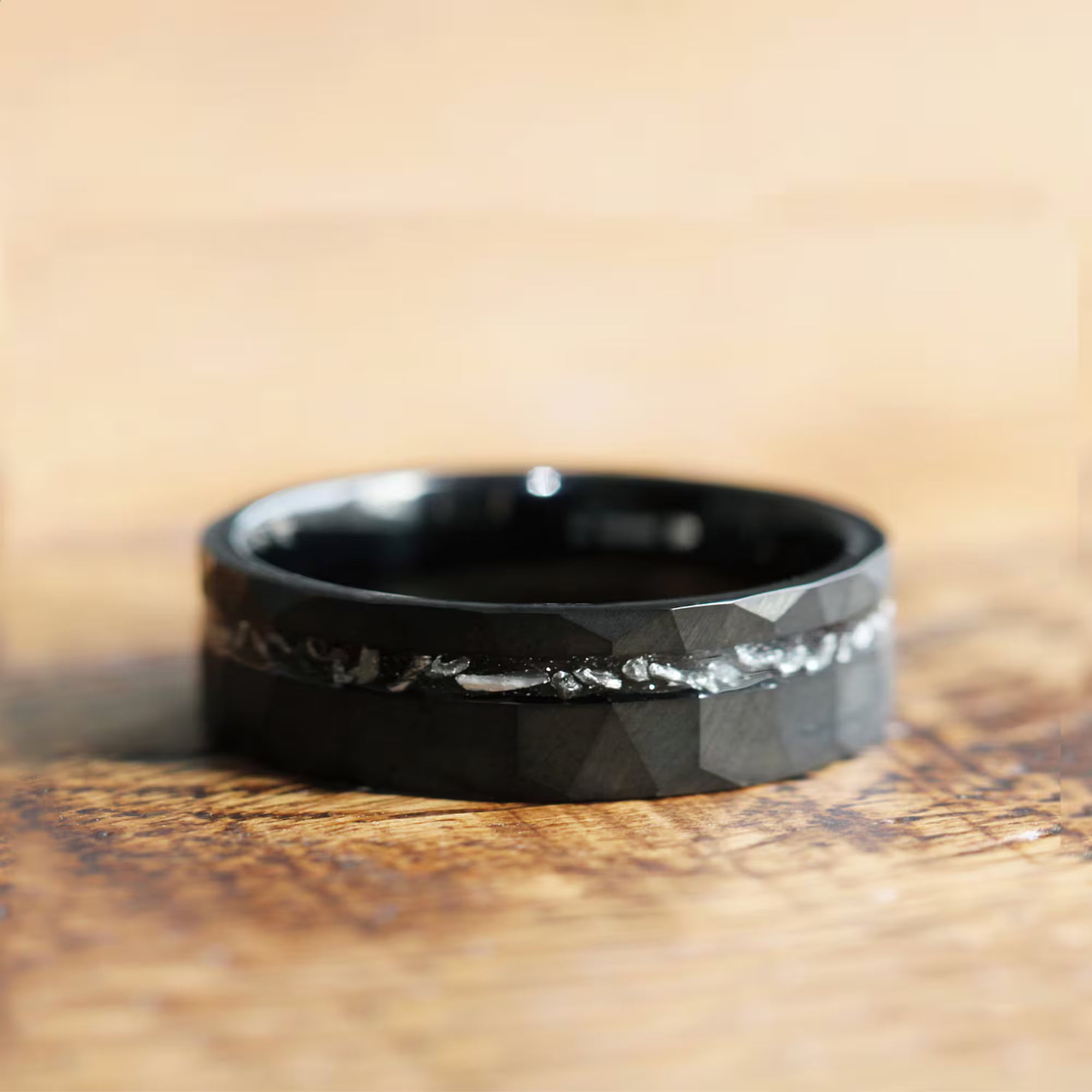 Meteorite Hammered Wedding Ring For Men & Women - Black  8/6mm  - Promise Ring for Him - Mens & Women Hammered Wedding Band Unique - INSIGNIA