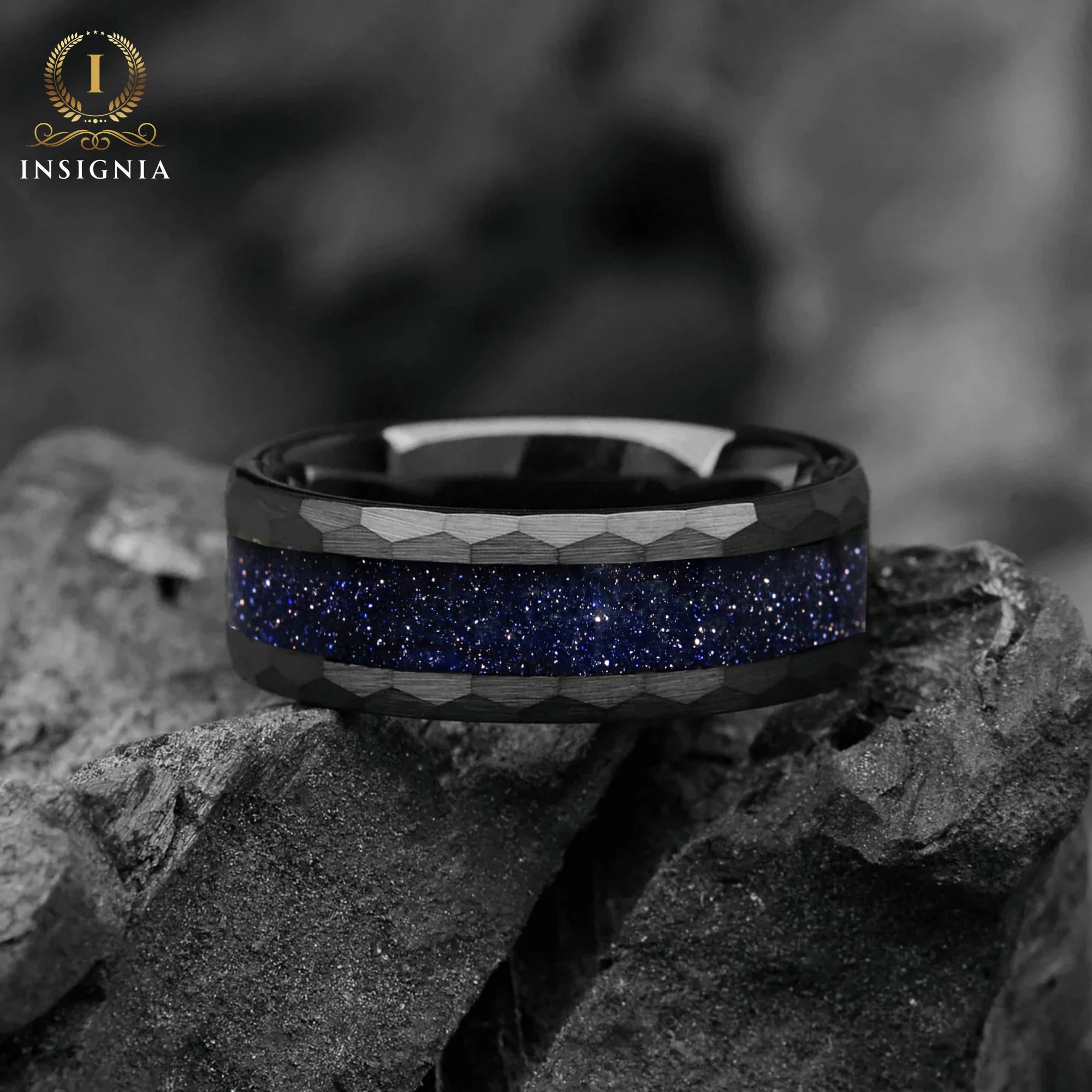 Galaxy Space Nebula Hammered Tungsten Wedding Band 6/8 mm - Blue Sandstone Mens Engagement / Promise Ring for Him /Her - Women & Mens Band Unique - INSIGNIA