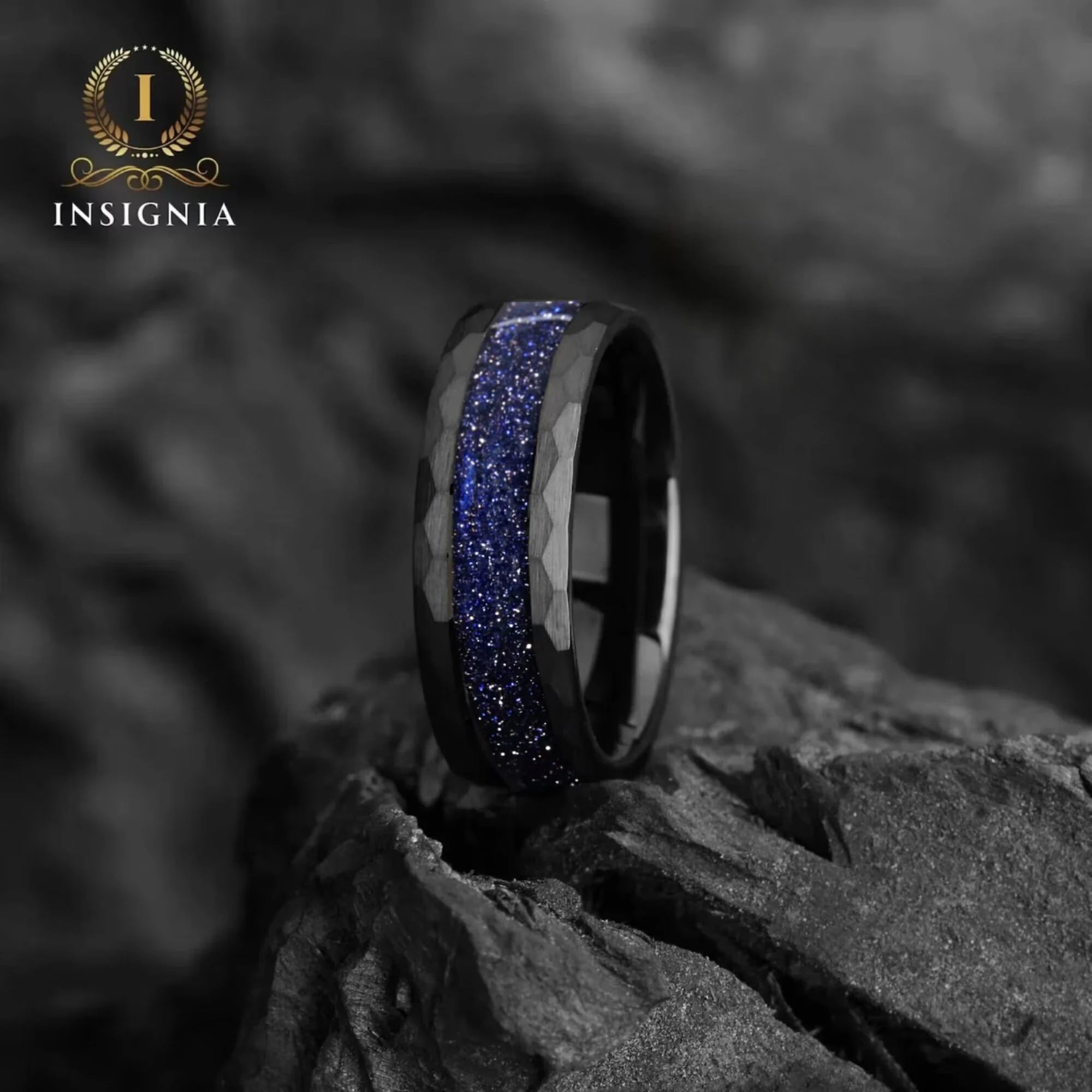 Galaxy Space Nebula Hammered Tungsten Wedding Band 6/8 mm - Blue Sandstone Mens Engagement / Promise Ring for Him /Her - Women & Mens Band Unique - INSIGNIA