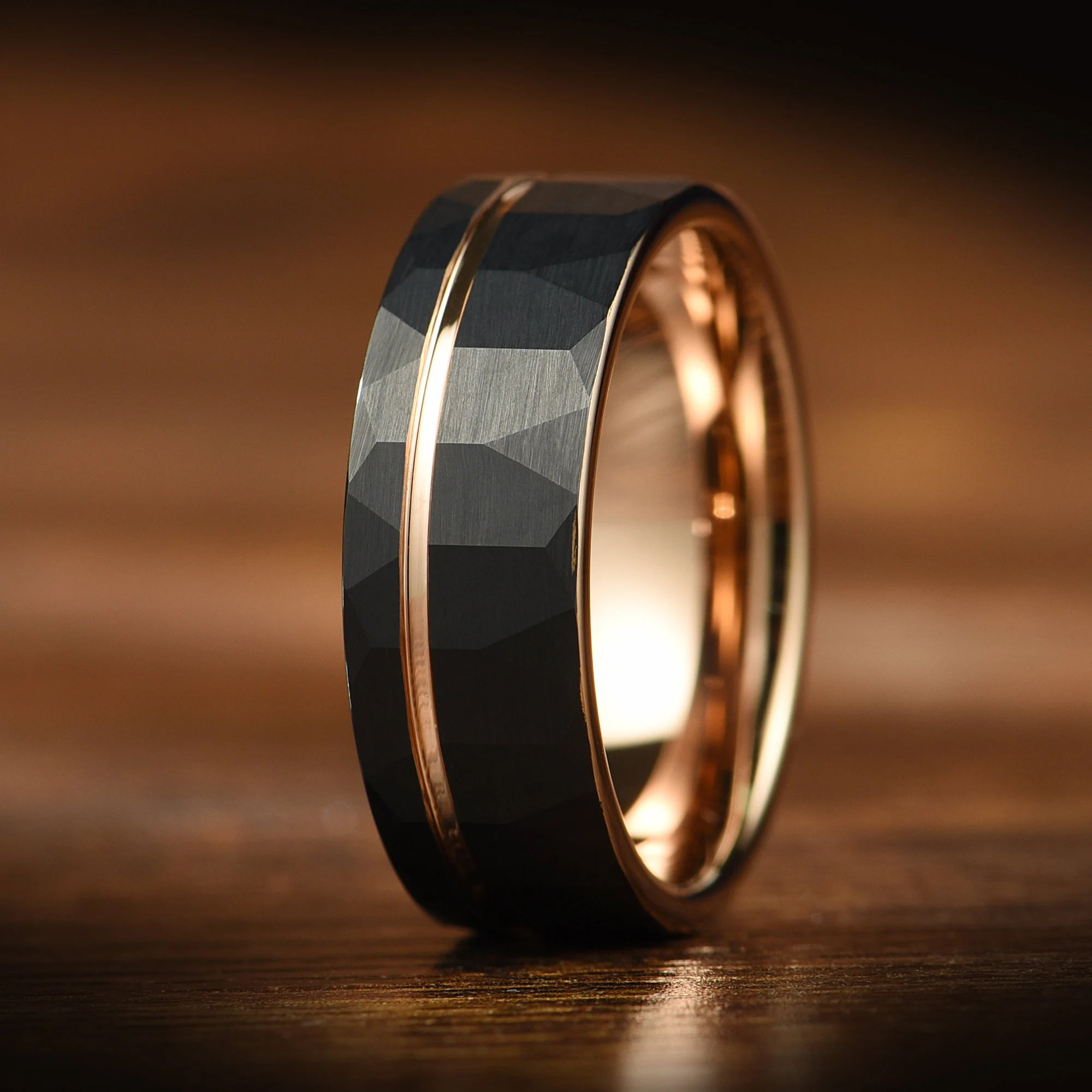 Hammered Rose Gold & Black Wedding Ring 8/6mm - Two Tone Tungsten Carbide, Mens Wedding Band Unique - Engagement /Simple Promise Ring for Him - INSIGNIA