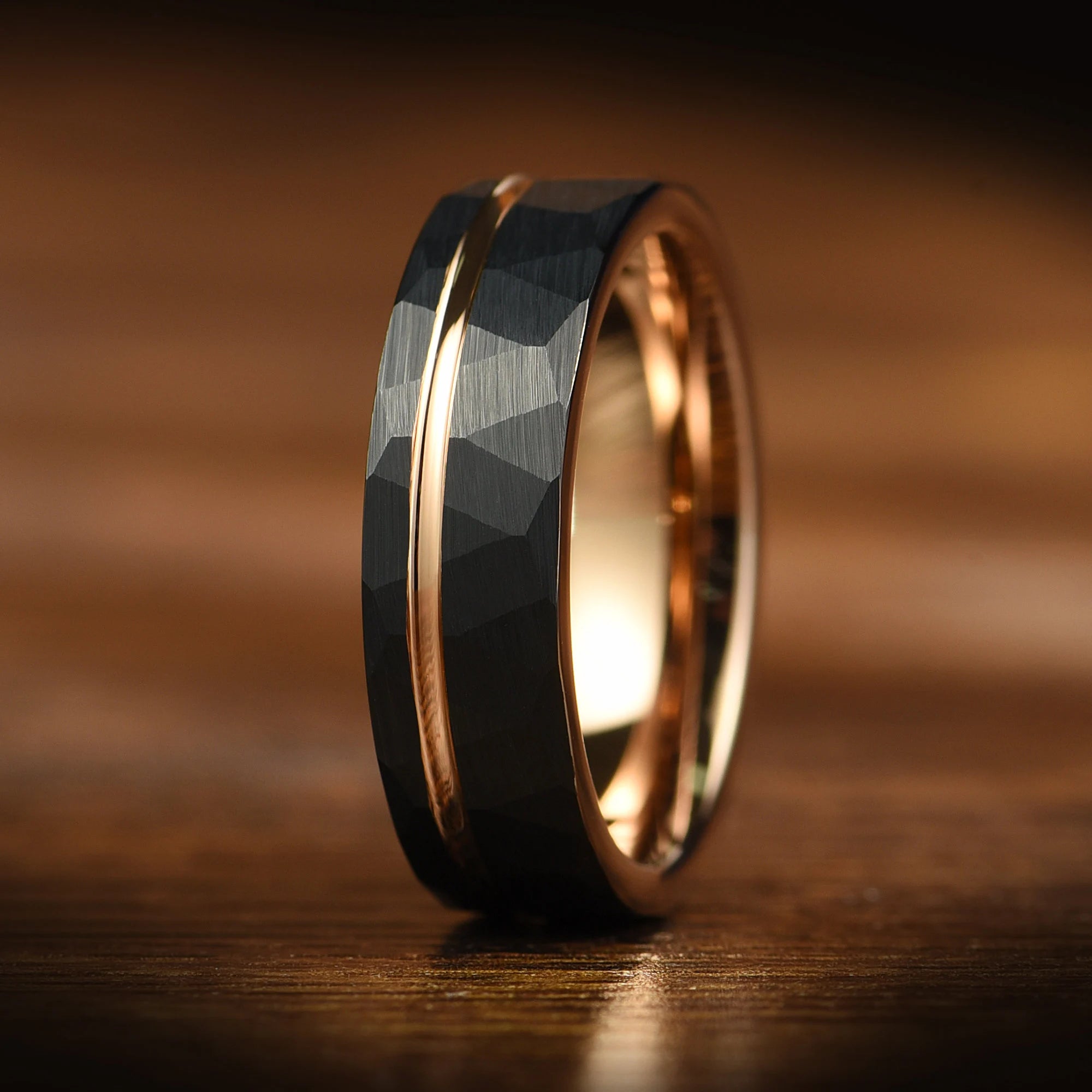 Hammered Rose Gold & Black Wedding Ring 8/6mm - Two Tone Tungsten Carbide, Mens Wedding Band Unique - Engagement /Simple Promise Ring for Him - INSIGNIA