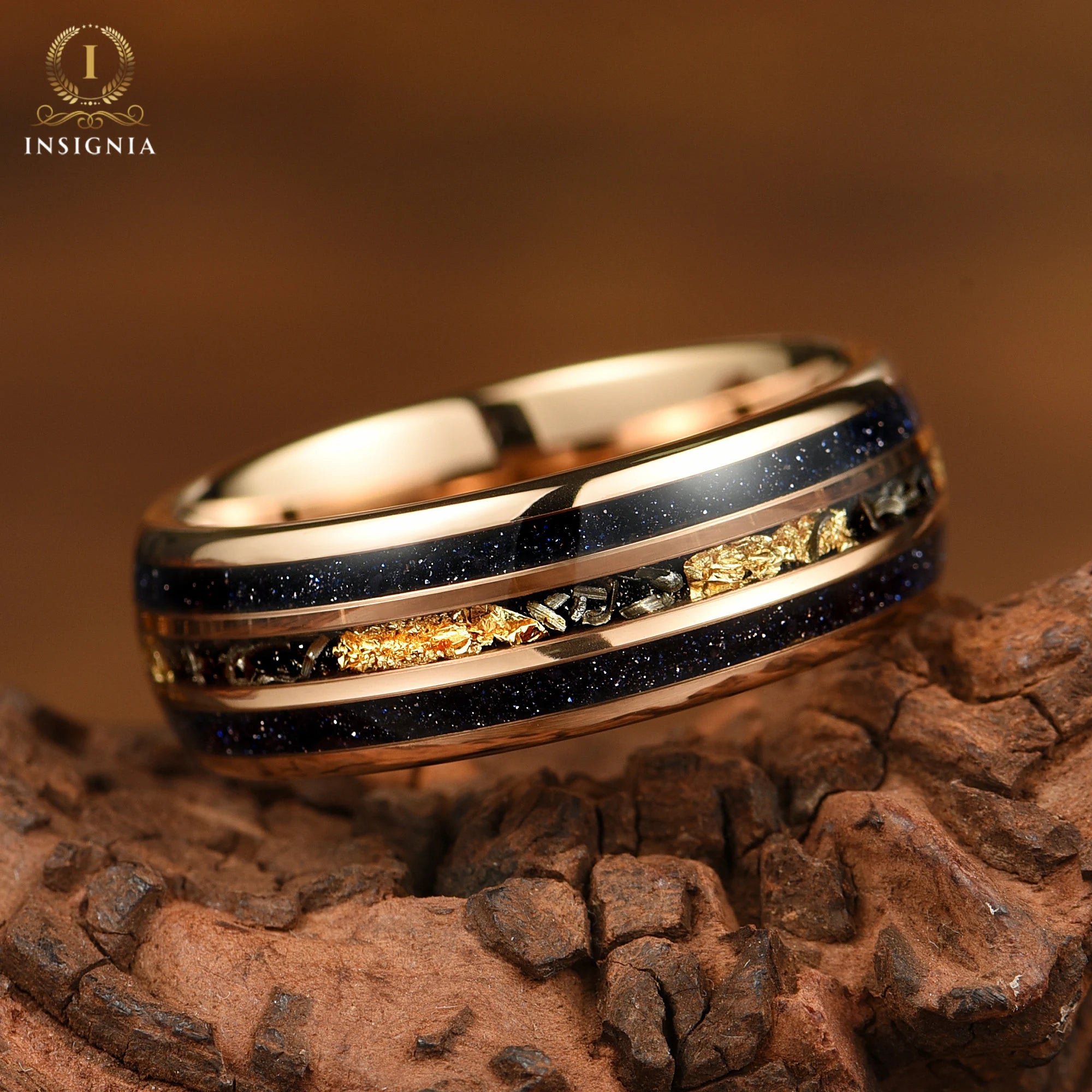 Galaxy Meteorite, Sandstone & Gold Leaf Men's Wedding Band 8mm & 6mm - Engagement / Promise Ring for Him  -Rose Gold Tungsten Mens Wedding Band Unique - INSIGNIA