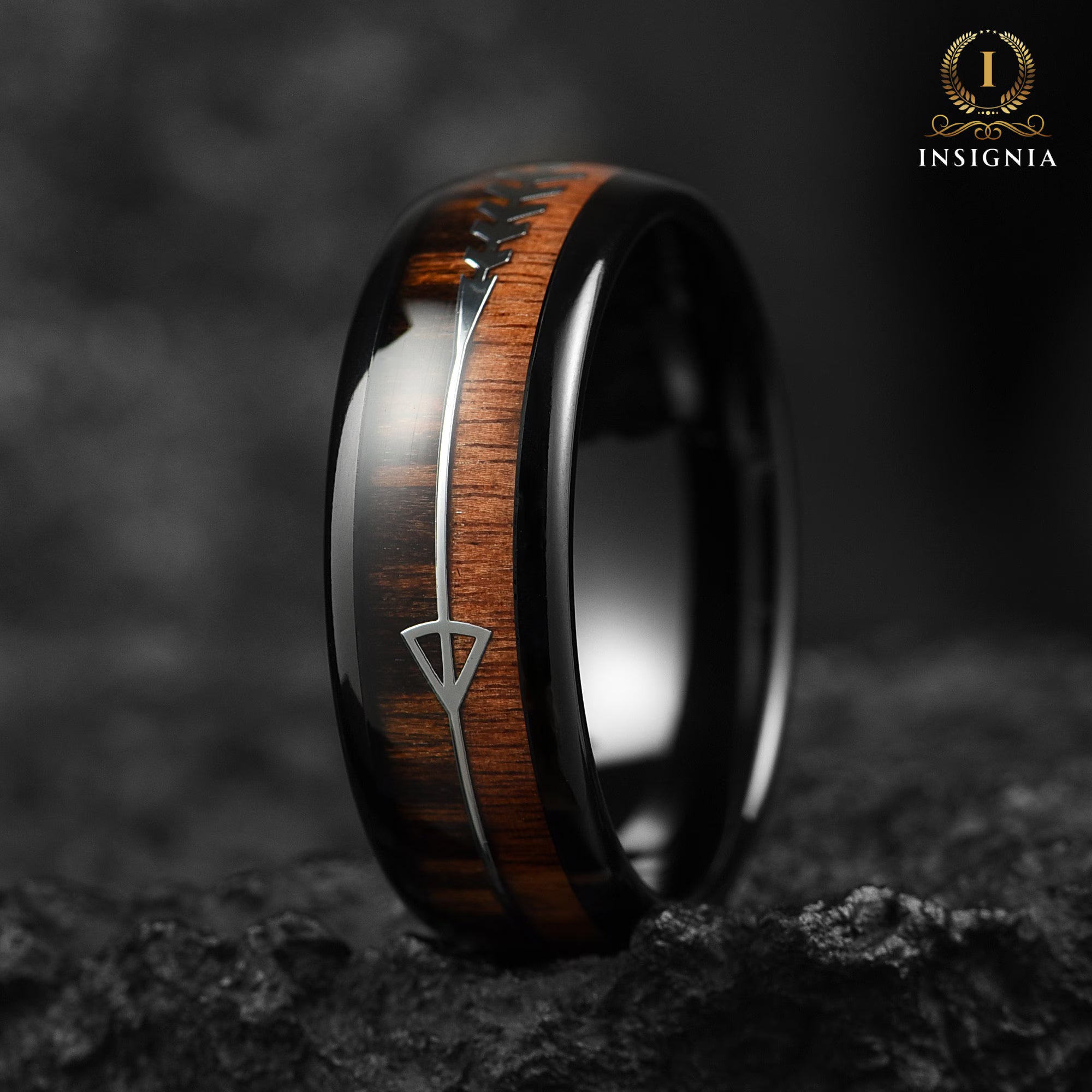 Wooden Whiskey Barrel Wedding Couple Rings Black 6/8 mm- His and Hers Wedding Bands Set -  Promise Ring for Couples - Dome Arrow Wood Rings (Copy) - INSIGNIA