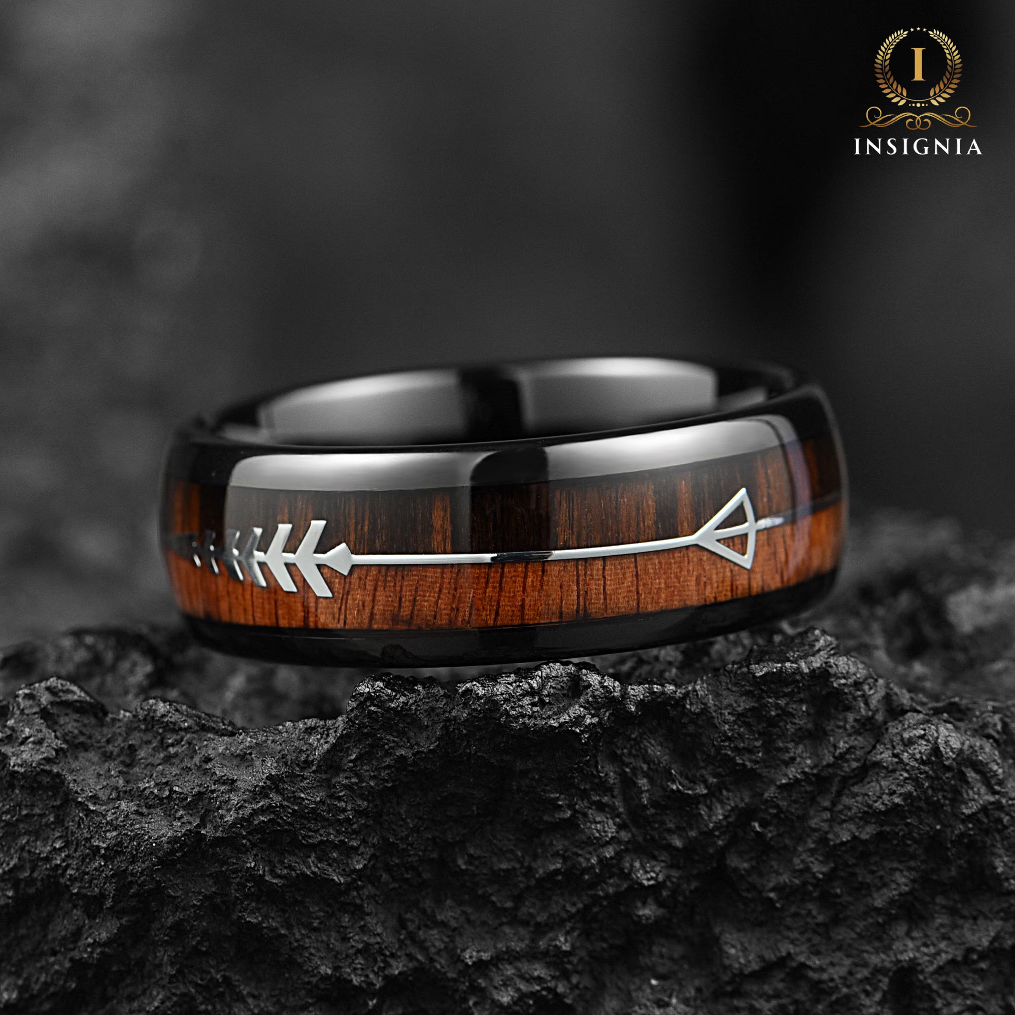 Wooden Whiskey Barrel Wedding Couple Rings Black 6/8 mm- His and Hers Wedding Bands Set -  Promise Ring for Couples - Dome Arrow Wood Rings (Copy) - INSIGNIA