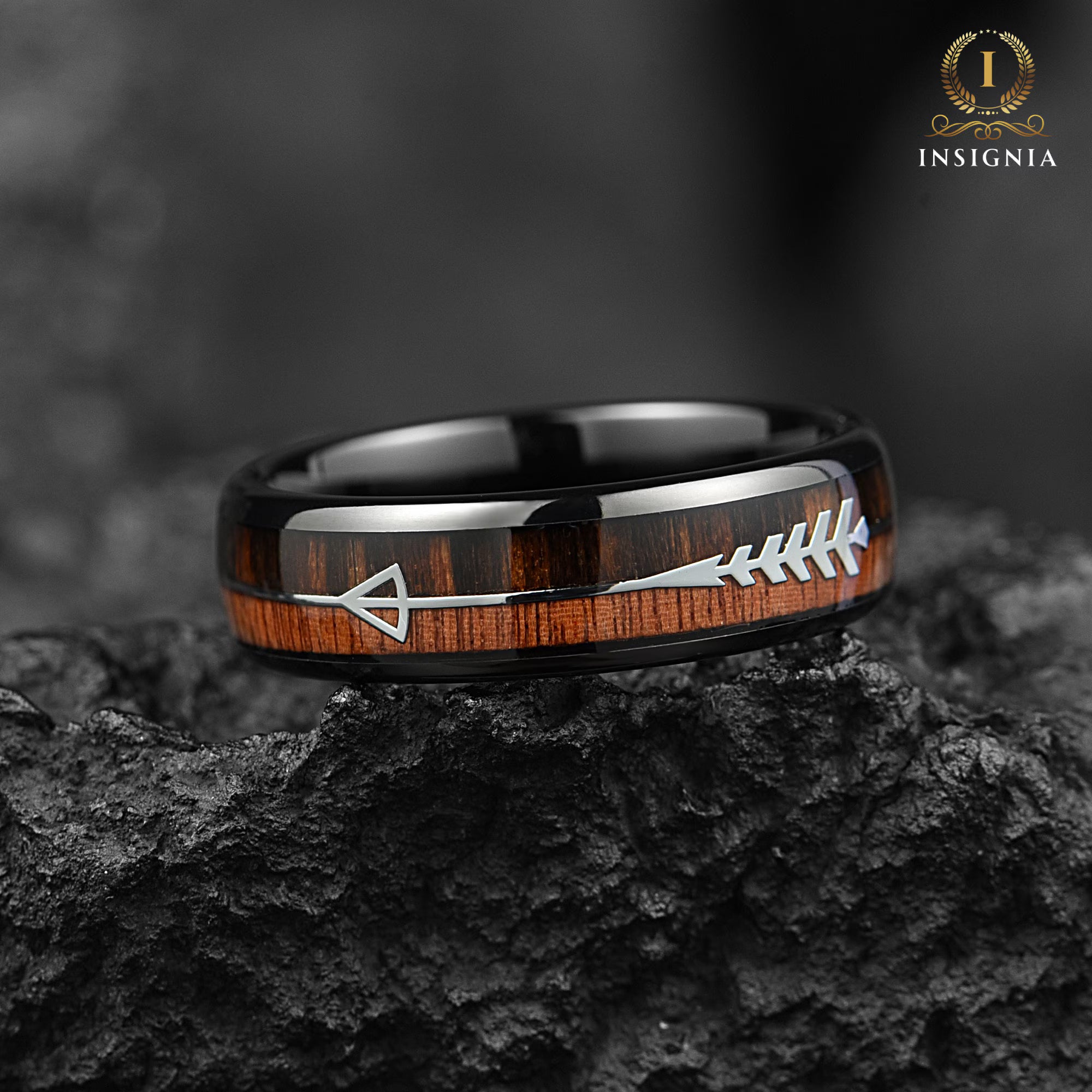 Wooden Whiskey Barrel Wedding Couple Rings Black 6/8 mm- His and Hers Wedding Bands Set -  Promise Ring for Couples - Dome Arrow Wood Rings (Copy) - INSIGNIA