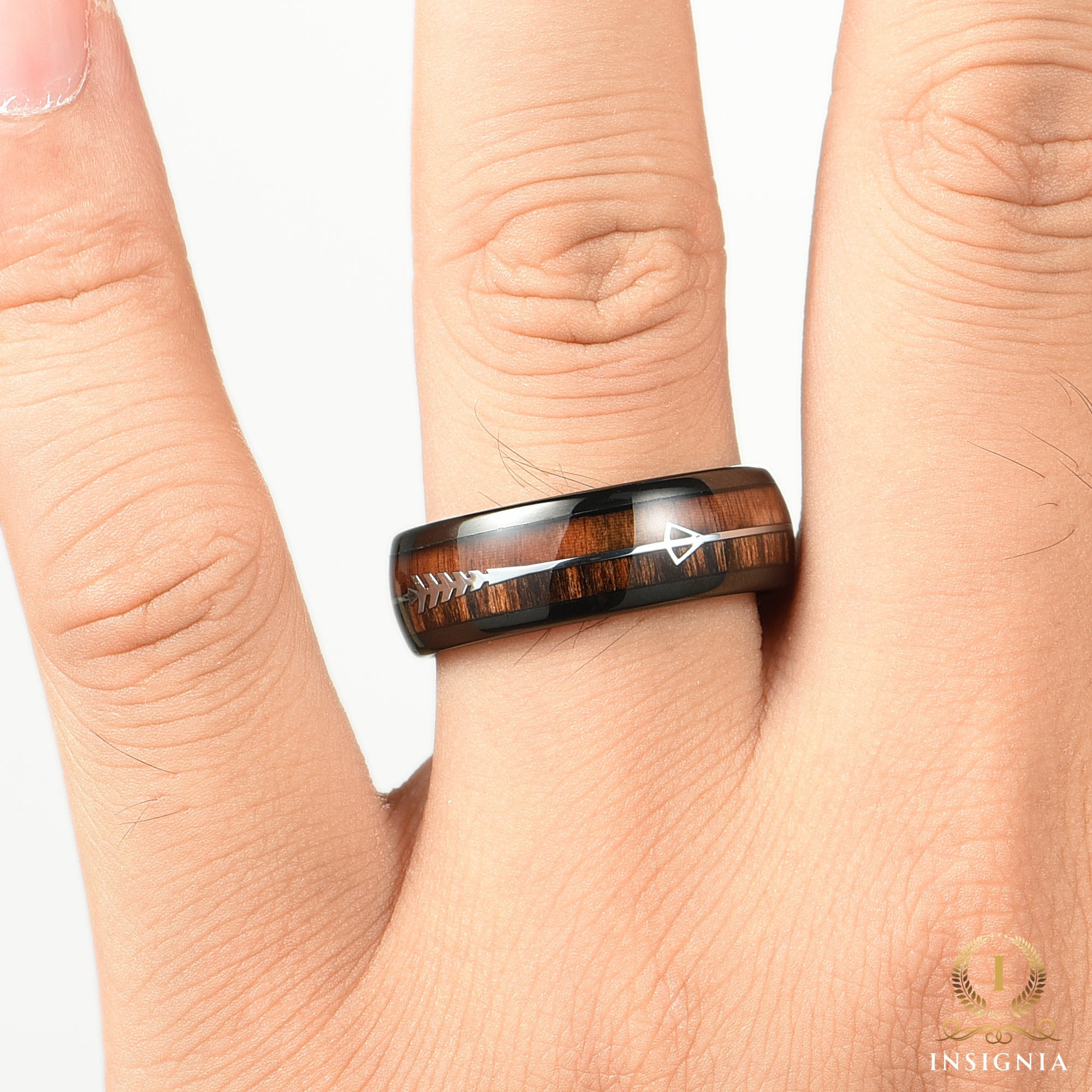 Wooden Whiskey Barrel Wedding Couple Rings Black 6/8 mm- His and Hers Wedding Bands Set -  Promise Ring for Couples - Dome Arrow Wood Rings (Copy) - INSIGNIA